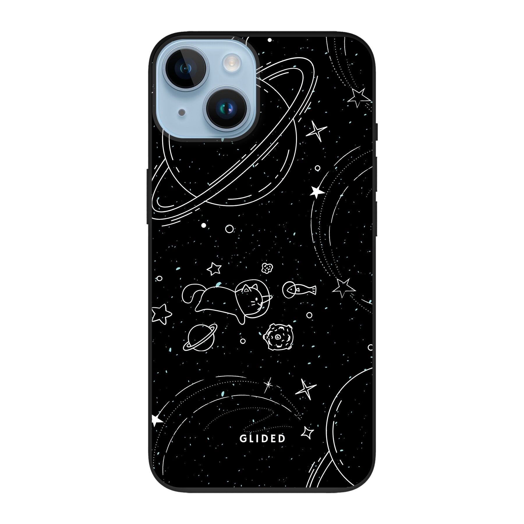 Cosmic Cat iPhone 14 Hülle mit funkelnden Sternen und majestätischer Katze auf dunklem Hintergrund.