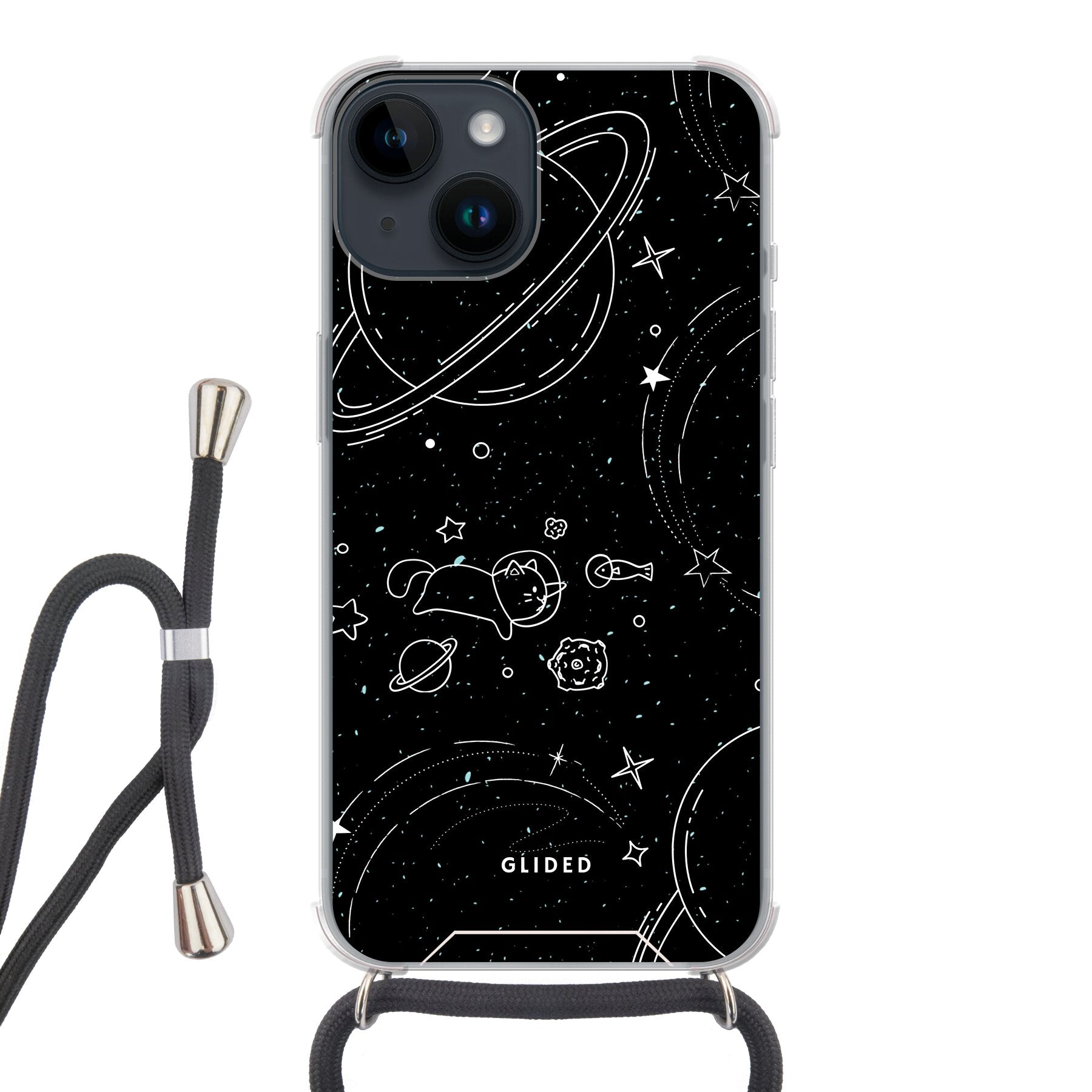 Cosmic Cat iPhone 14 Hülle mit funkelnden Sternen und majestätischer Katze auf dunklem Hintergrund.