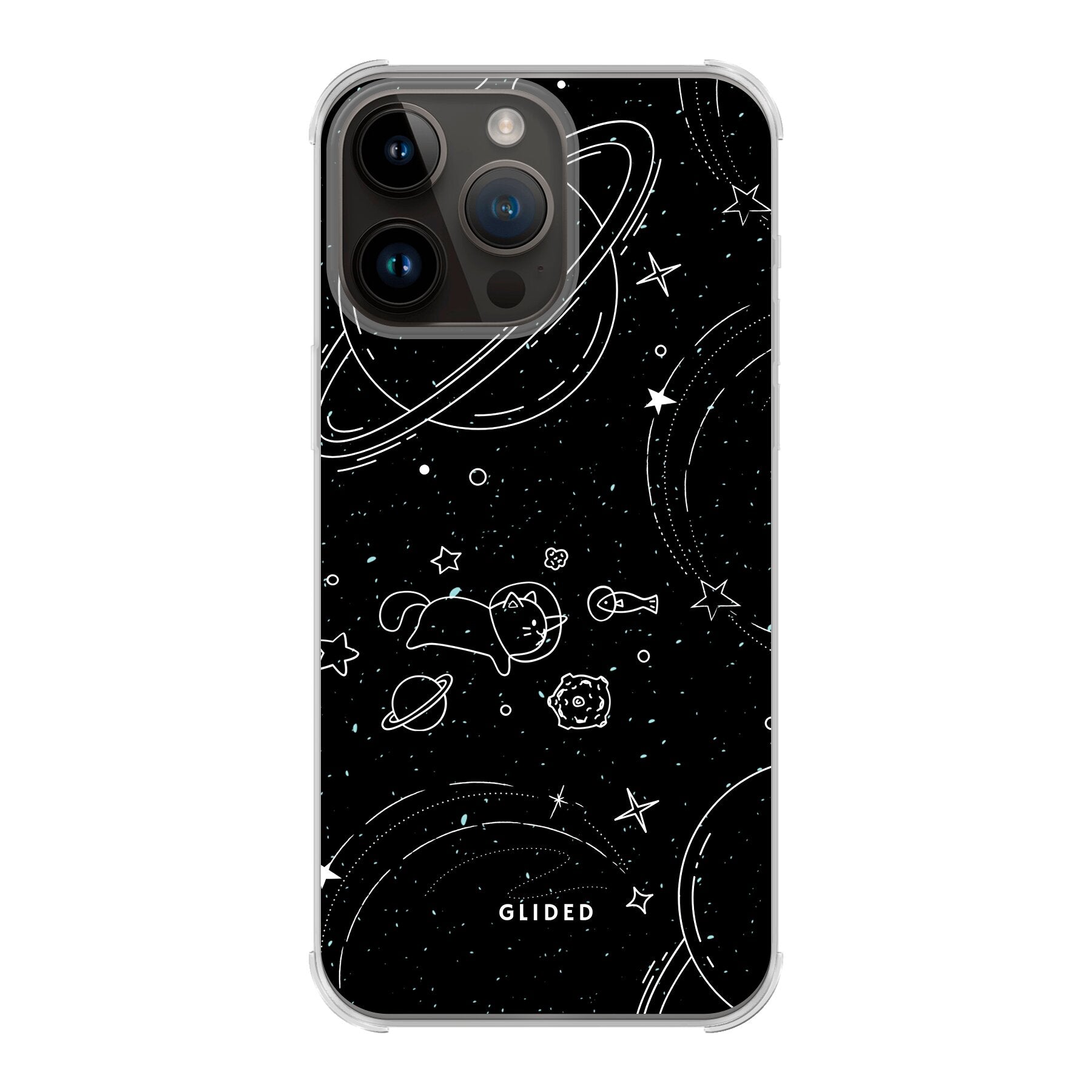 Cosmic Cat iPhone 14 Pro Max Hülle mit funkelnden Sternen und majestätischer Katze auf dunklem Hintergrund.