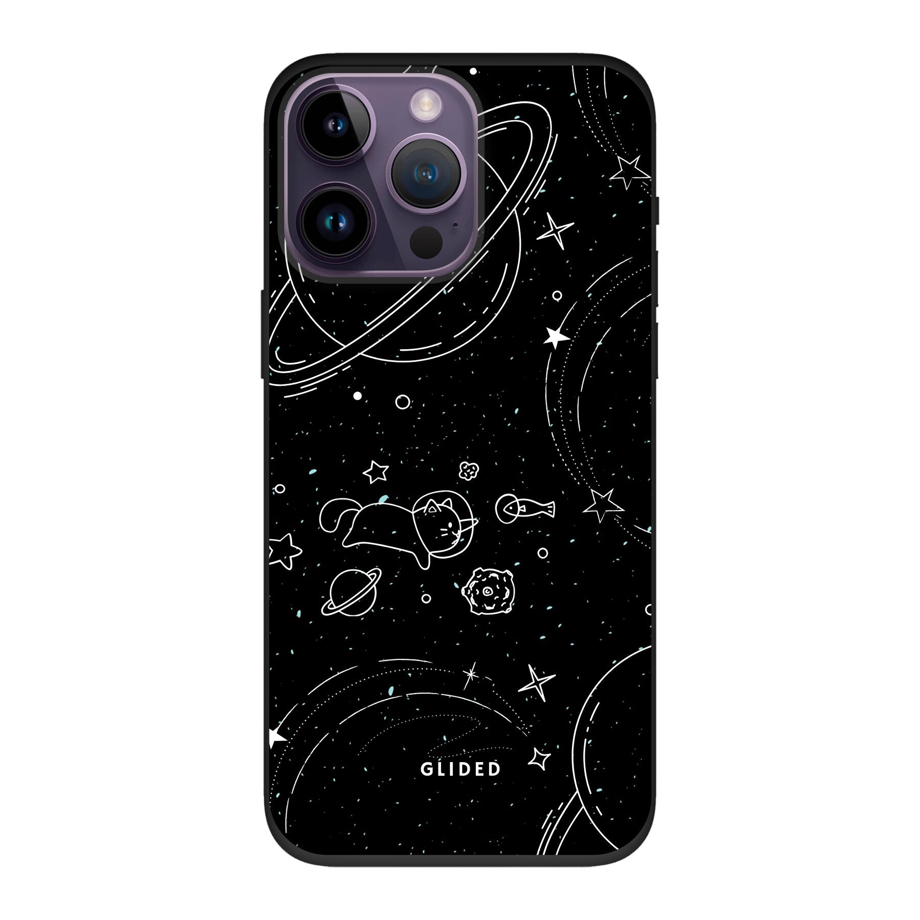 Cosmic Cat iPhone 14 Pro Max Hülle mit funkelnden Sternen und majestätischer Katze auf dunklem Hintergrund.