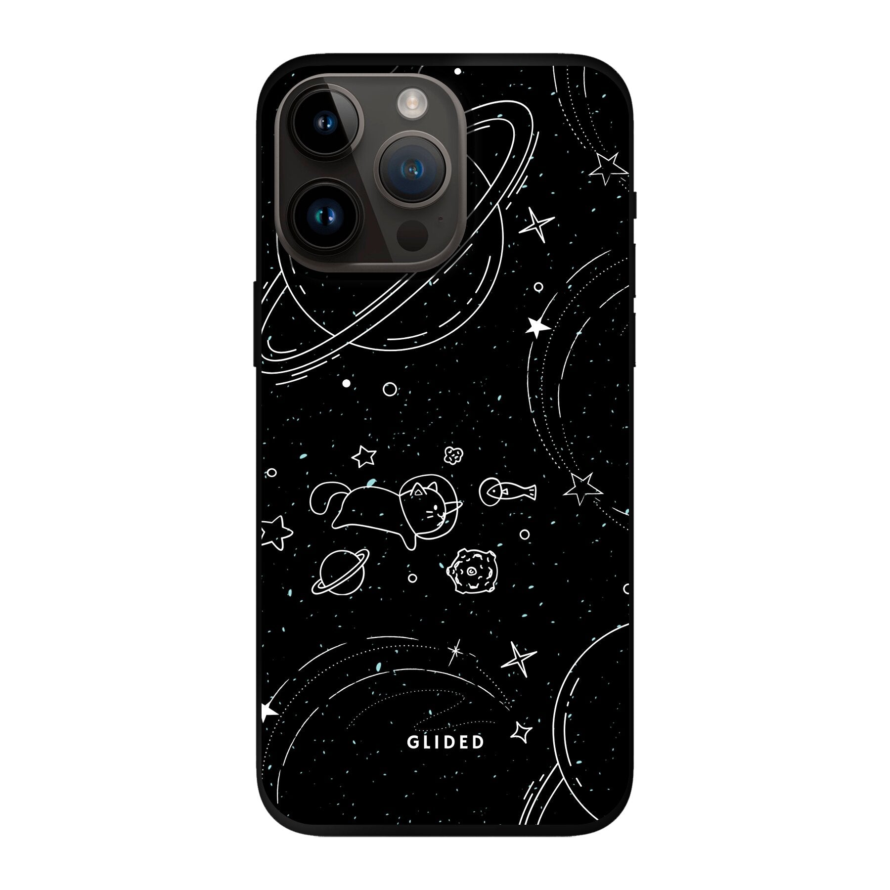 Cosmic Cat iPhone 14 Pro Max Hülle mit funkelnden Sternen und majestätischer Katze auf dunklem Hintergrund.