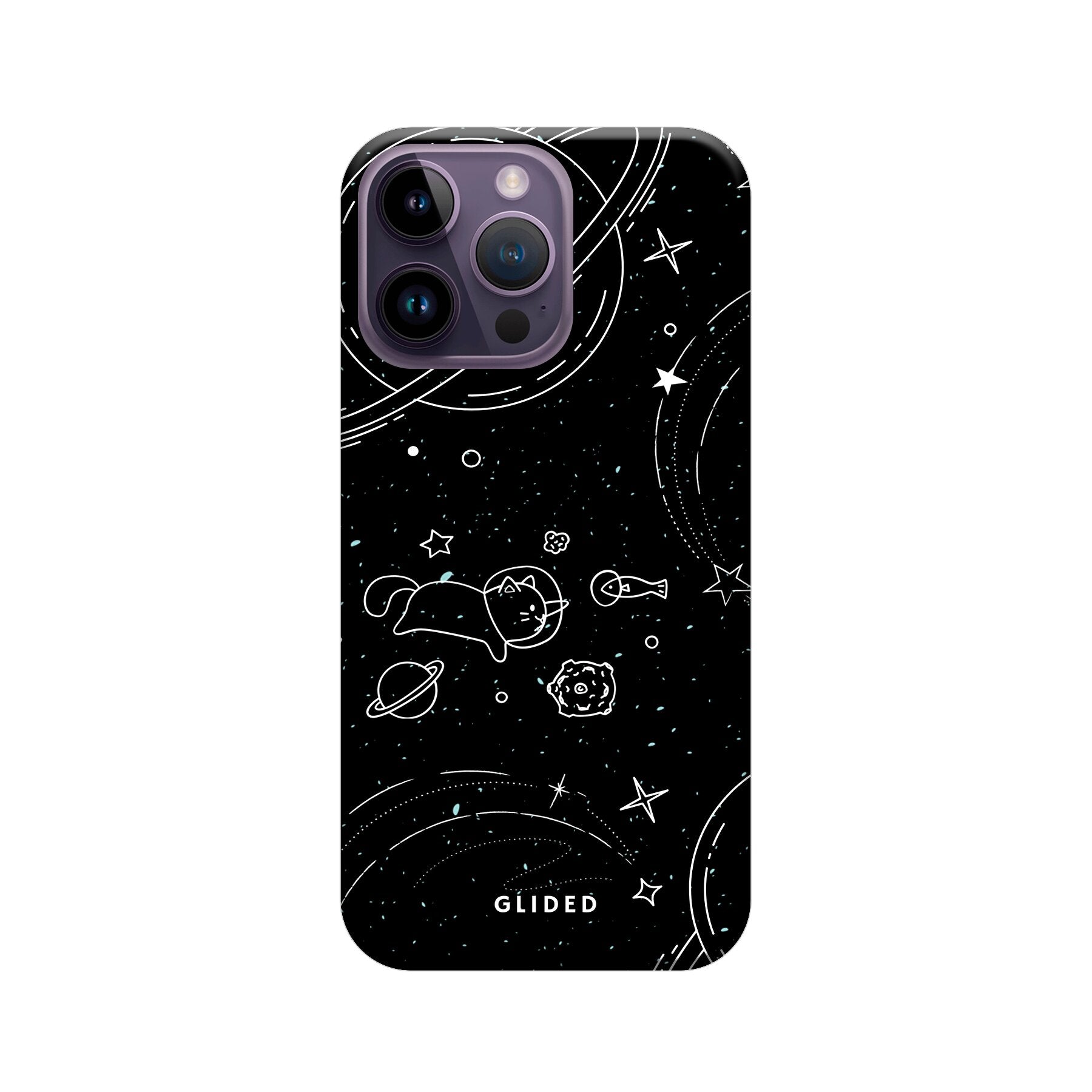 Cosmic Cat iPhone 14 Pro Max Hülle mit funkelnden Sternen und majestätischer Katze auf dunklem Hintergrund.