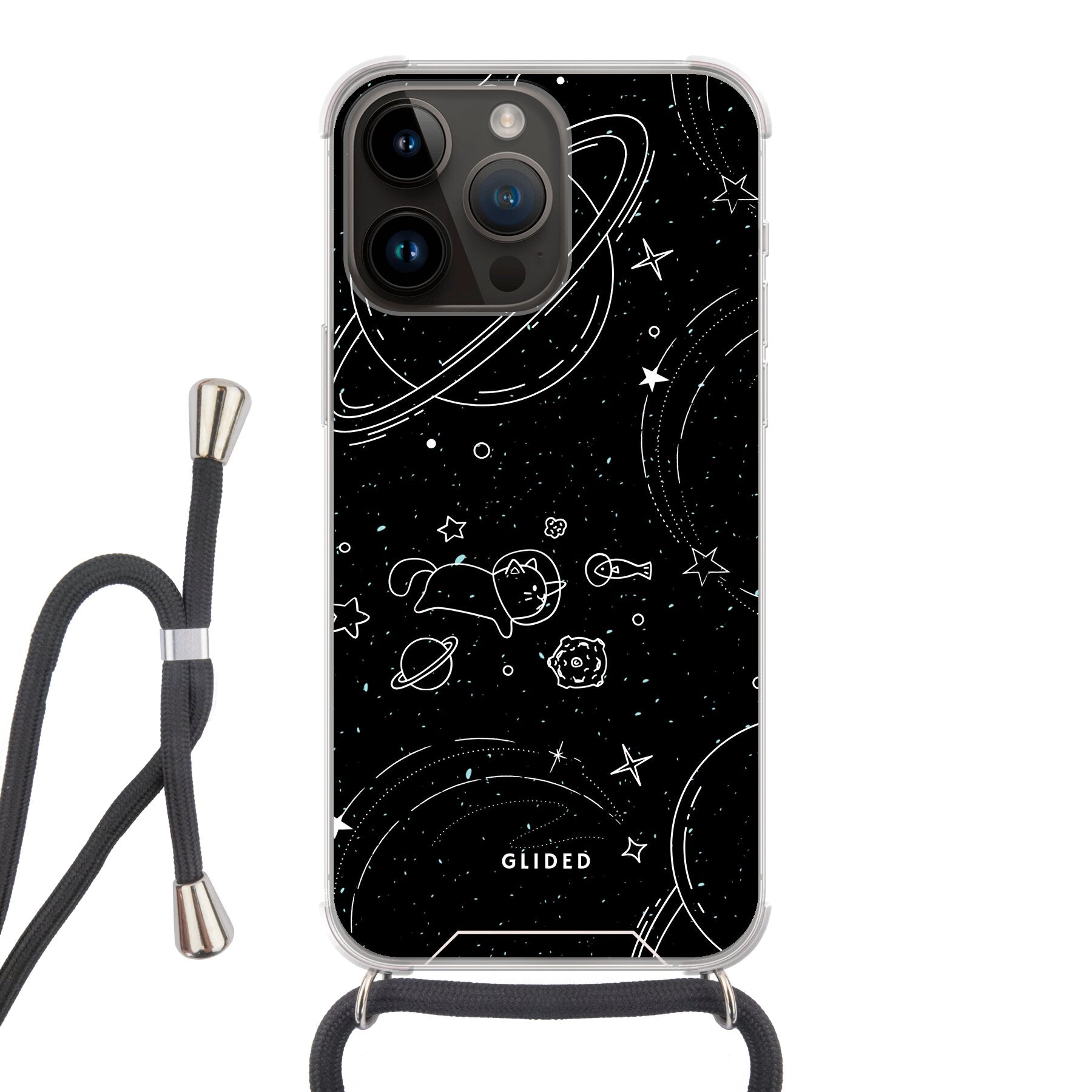 Cosmic Cat iPhone 14 Pro Max Hülle mit funkelnden Sternen und majestätischer Katze auf dunklem Hintergrund.