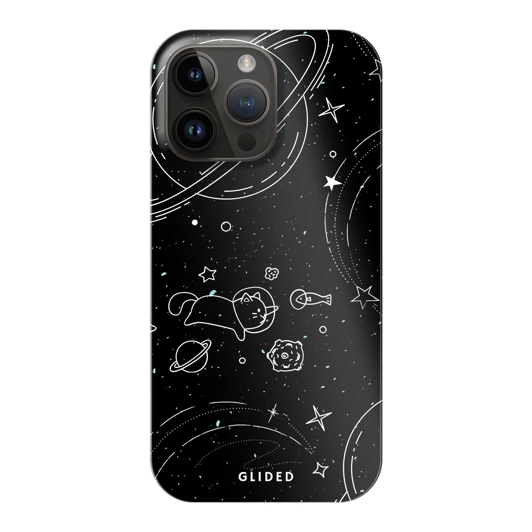 Cosmic Cat iPhone 14 Pro Max Hülle mit funkelnden Sternen und majestätischer Katze auf dunklem Hintergrund.