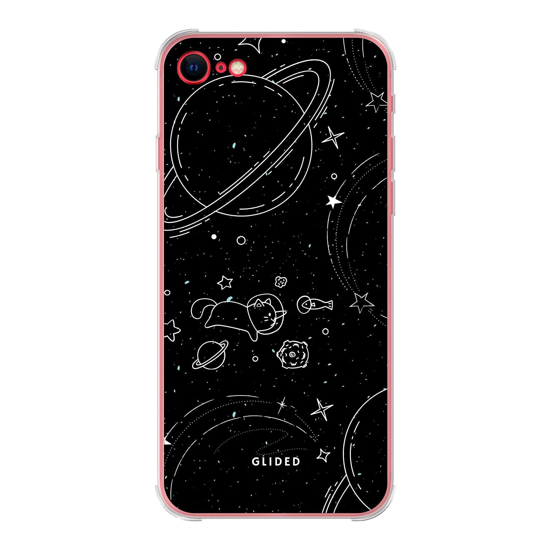 Cosmic Cat iPhone SE 2020 Hülle mit funkelnden Sternen und majestätischer Katze auf dunklem Hintergrund.