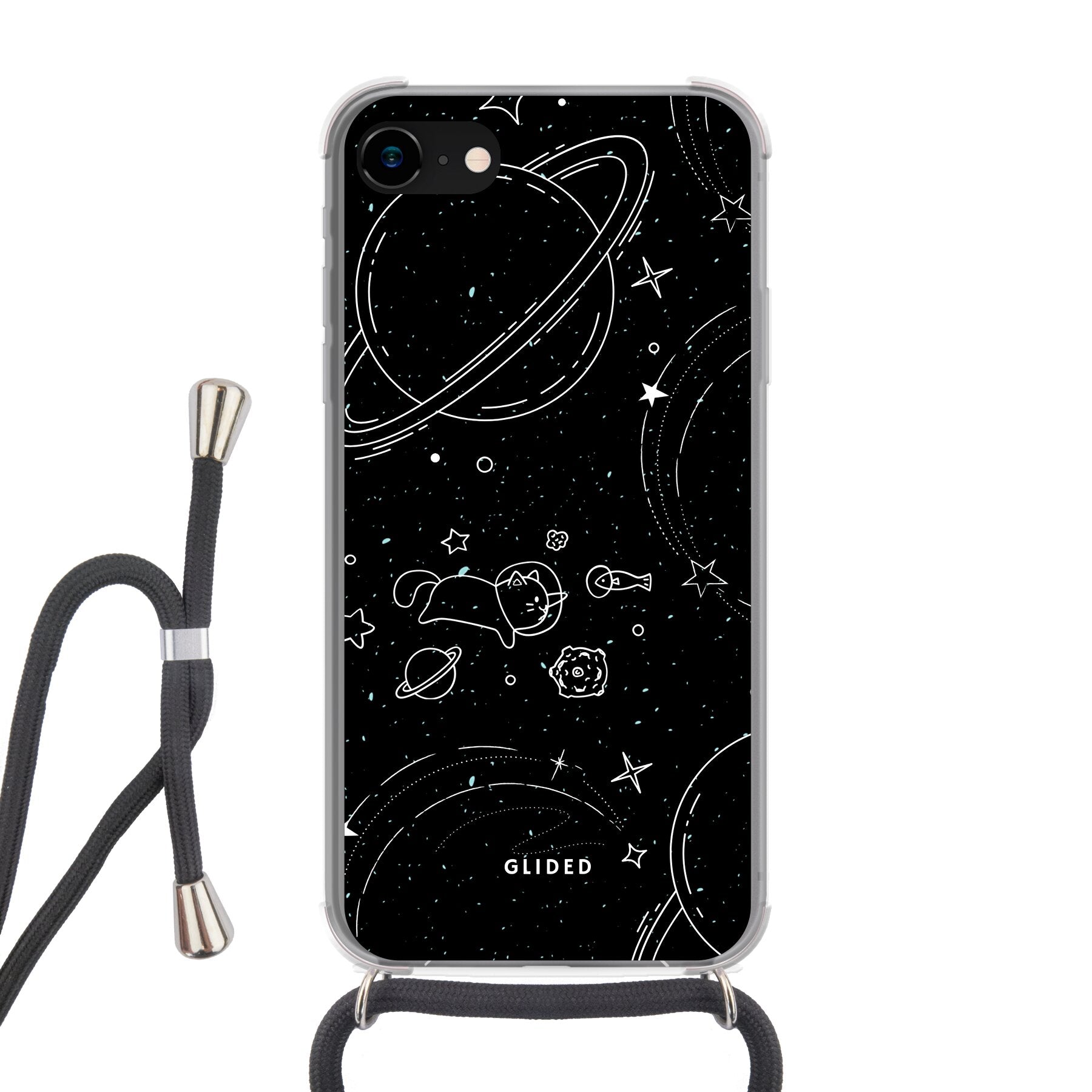 Cosmic Cat iPhone SE 2020 Hülle mit funkelnden Sternen und majestätischer Katze auf dunklem Hintergrund.