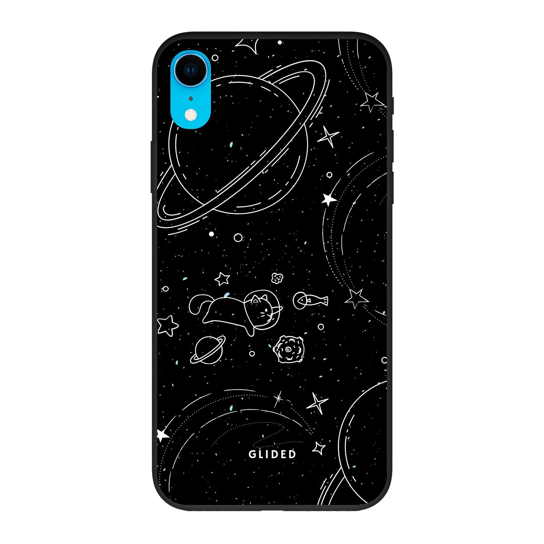 Cosmic Cat iPhone XR Handyhülle mit funkelnden Sternen und majestätischer Katze auf dunklem Hintergrund.