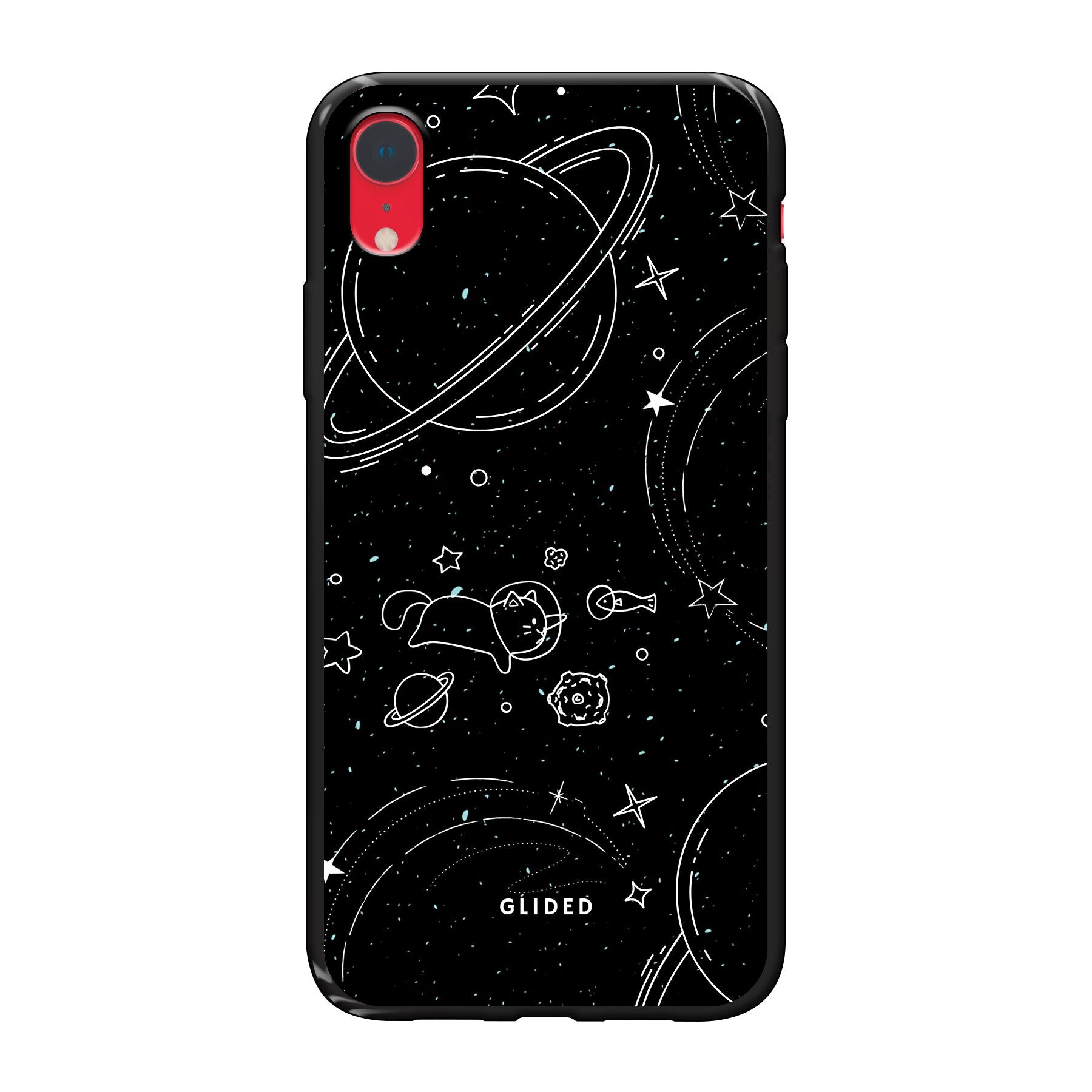 Cosmic Cat iPhone XR Handyhülle mit funkelnden Sternen und majestätischer Katze auf dunklem Hintergrund.