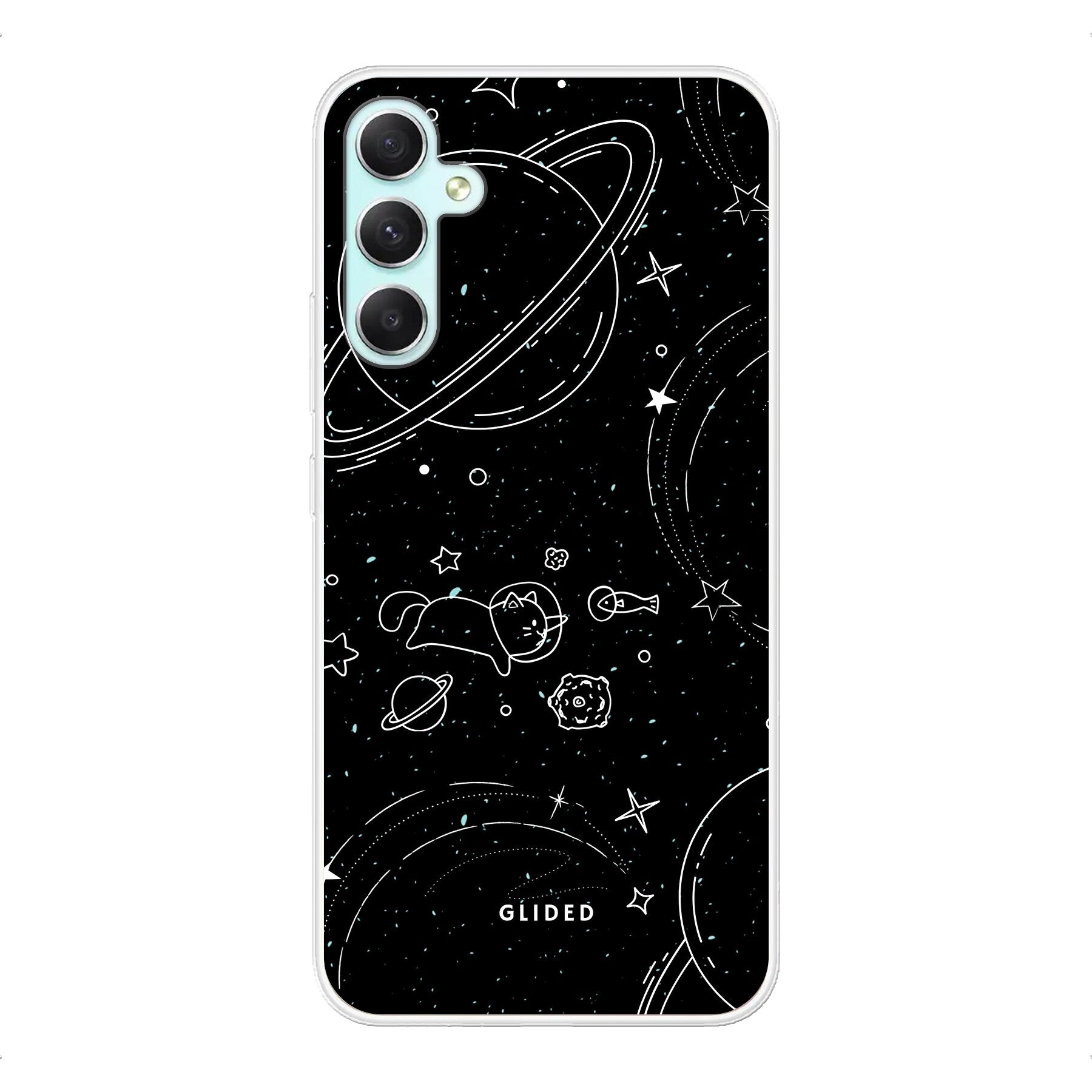 Cosmic Cat Samsung Galaxy A34 Handyhülle mit funkelnden Sternen und majestätischer Katze auf dunklem Hintergrund.