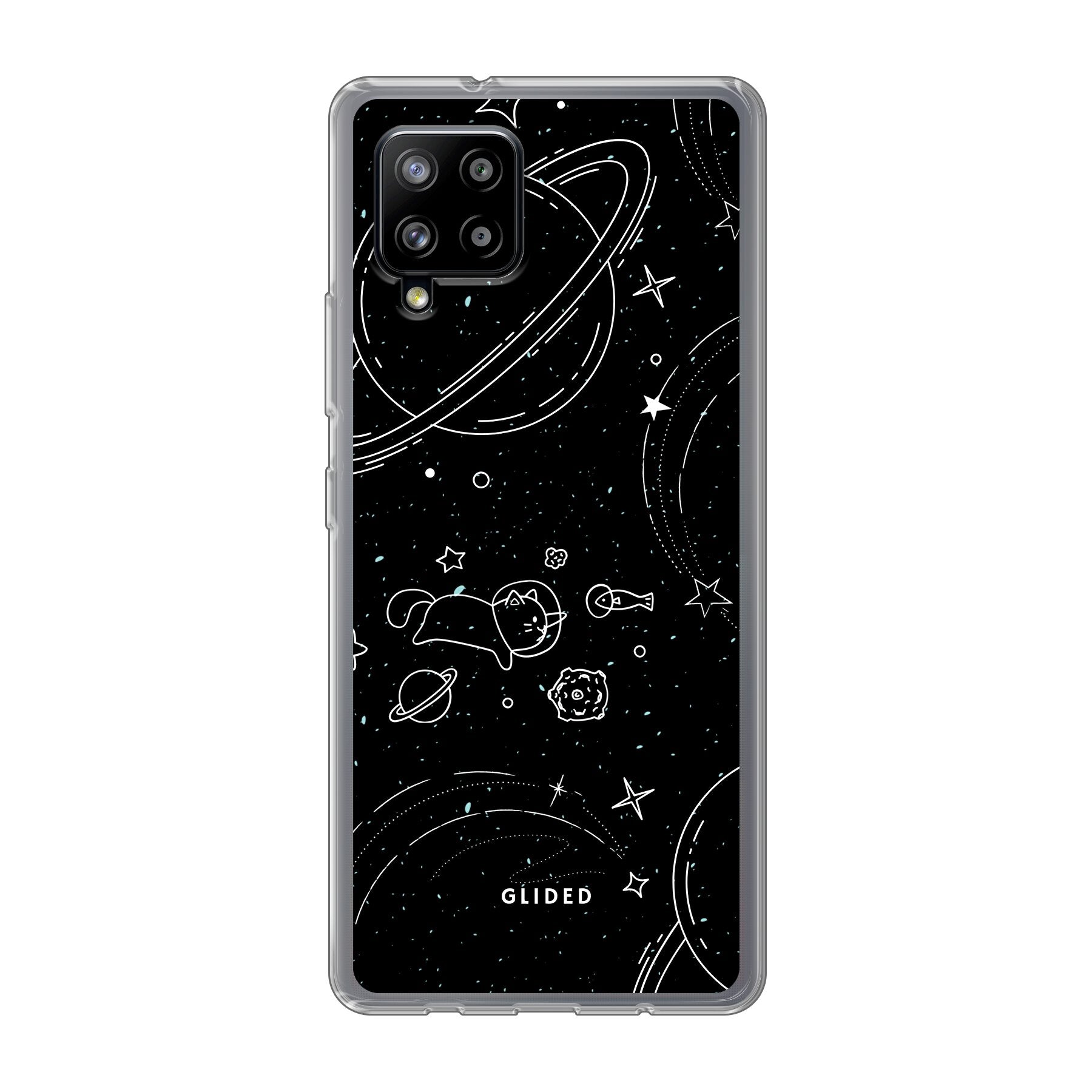 Cosmic Cat Handyhülle für Samsung Galaxy A42 5G mit funkelnden Sternen und majestätischer Katze auf dunklem Hintergrund.