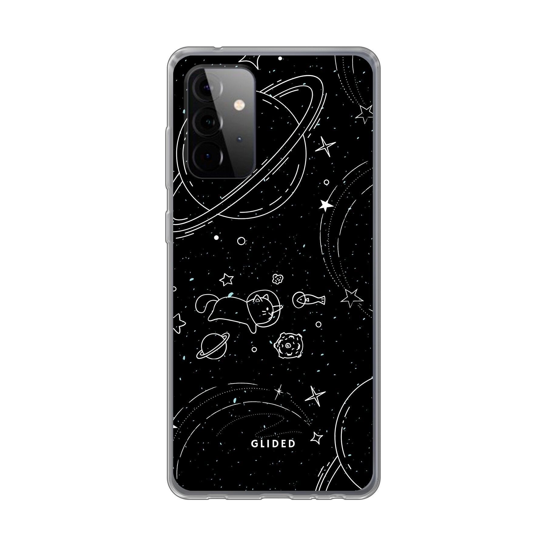 Cosmic Cat Samsung Galaxy A72 Hülle mit funkelnden Sternen und majestätischer Katze auf dunklem Hintergrund.