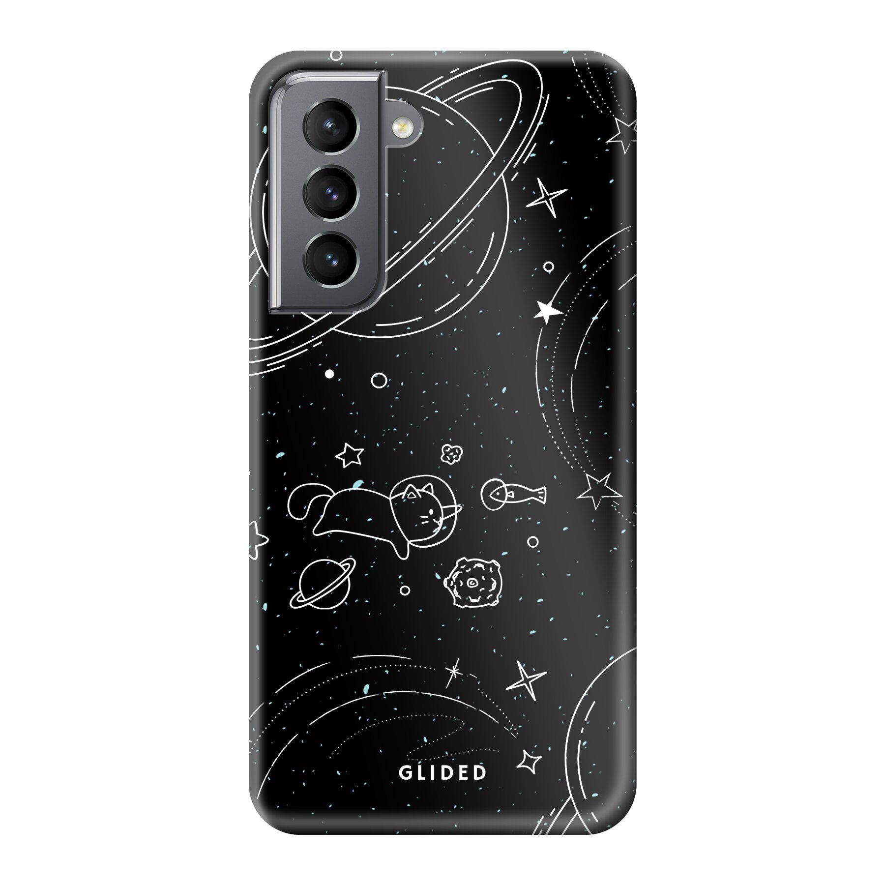 Cosmic Cat Samsung Galaxy S21 5G Hülle mit funkelnden Sternen und majestätischer Katze auf dunklem Hintergrund.
