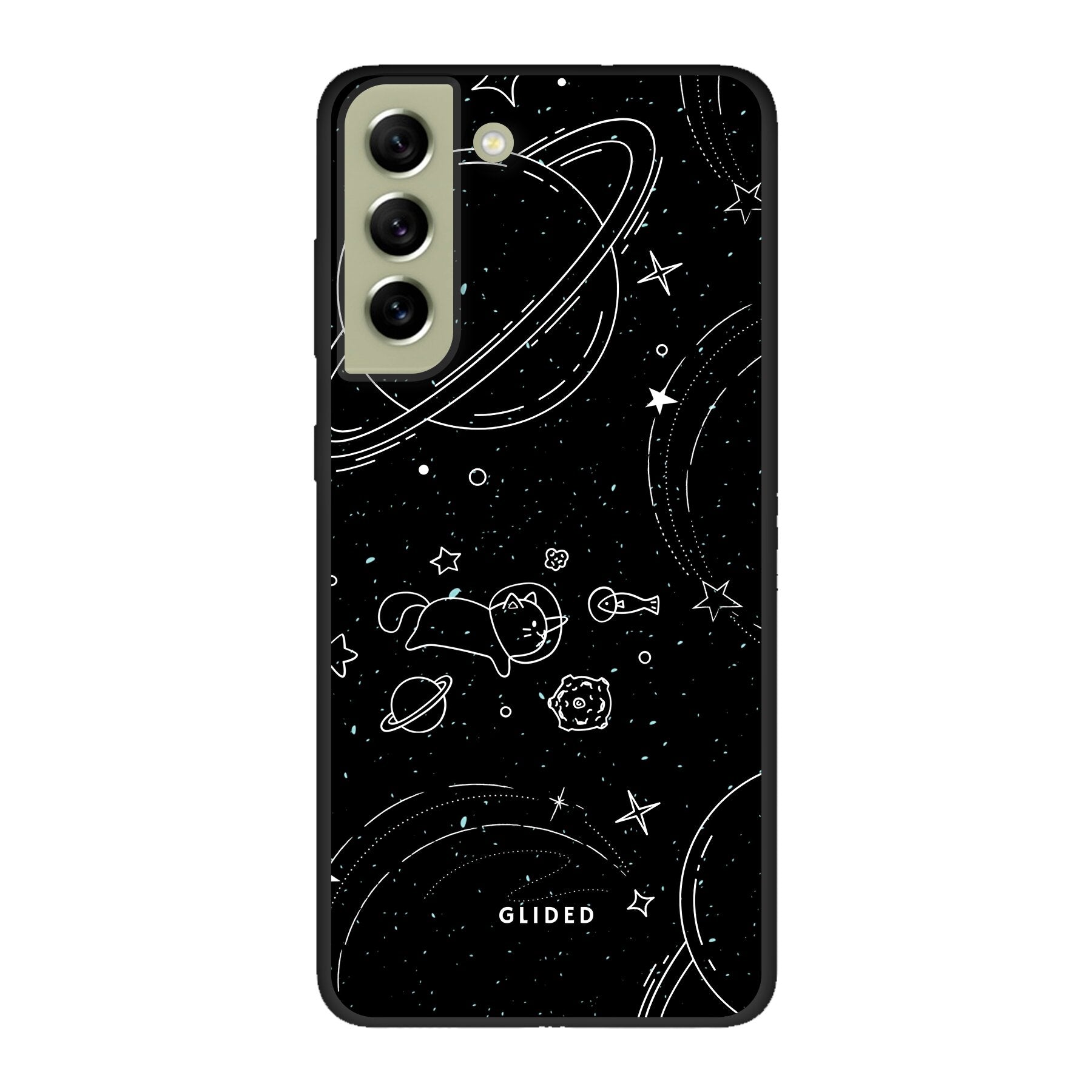 Cosmic Cat Handyhülle für Samsung Galaxy S21 FE mit funkelnden Sternen und majestätischer Katze auf dunklem Hintergrund.