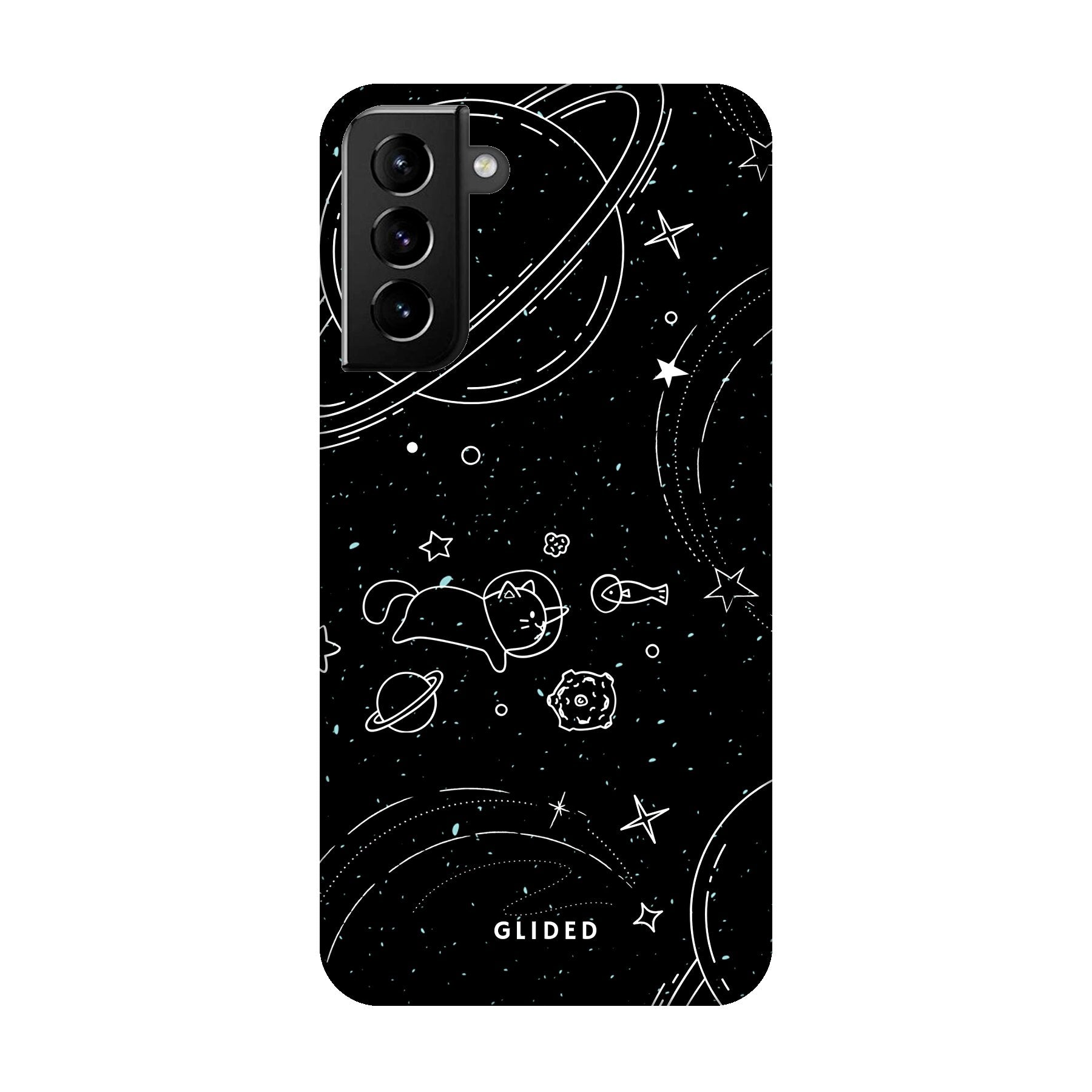Cosmic Cat Handyhülle für Samsung Galaxy S21 Plus 5G mit funkelnden Sternen und einer majestätischen Katze auf dunklem Hintergrund.