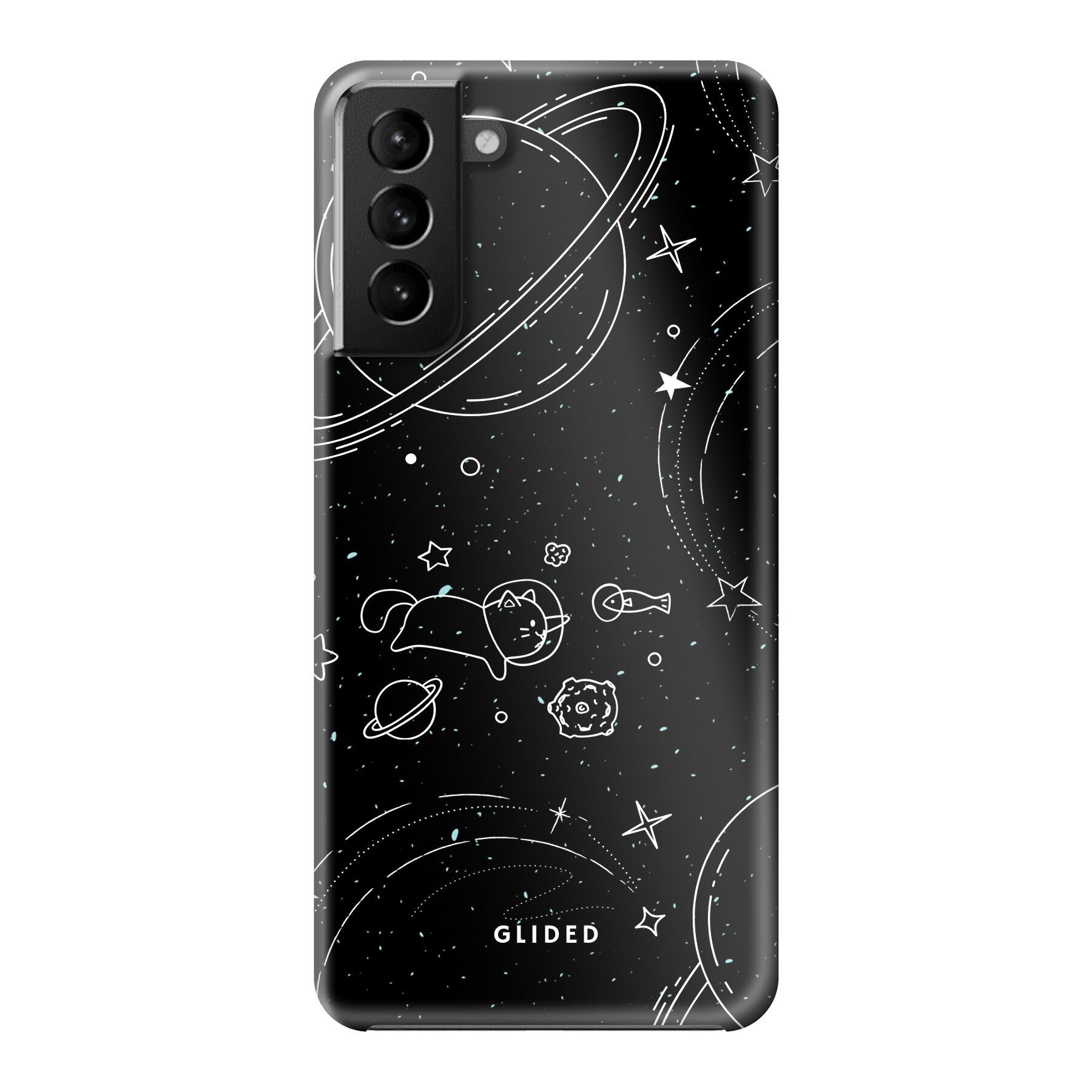 Cosmic Cat Handyhülle für Samsung Galaxy S21 Plus 5G mit funkelnden Sternen und einer majestätischen Katze auf dunklem Hintergrund.