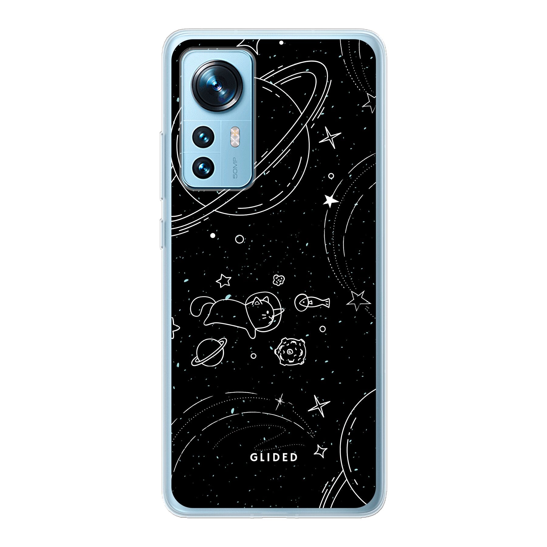 Cosmic Cat Xiaomi 12 Handyhülle mit funkelnden Sternen und majestätischer Katze auf dunklem Hintergrund.