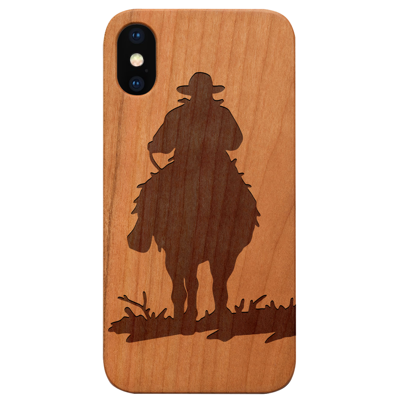 Cowboy 1 - Engraved wooden phone case showcasing intricate laser engravings and natural wood finish.