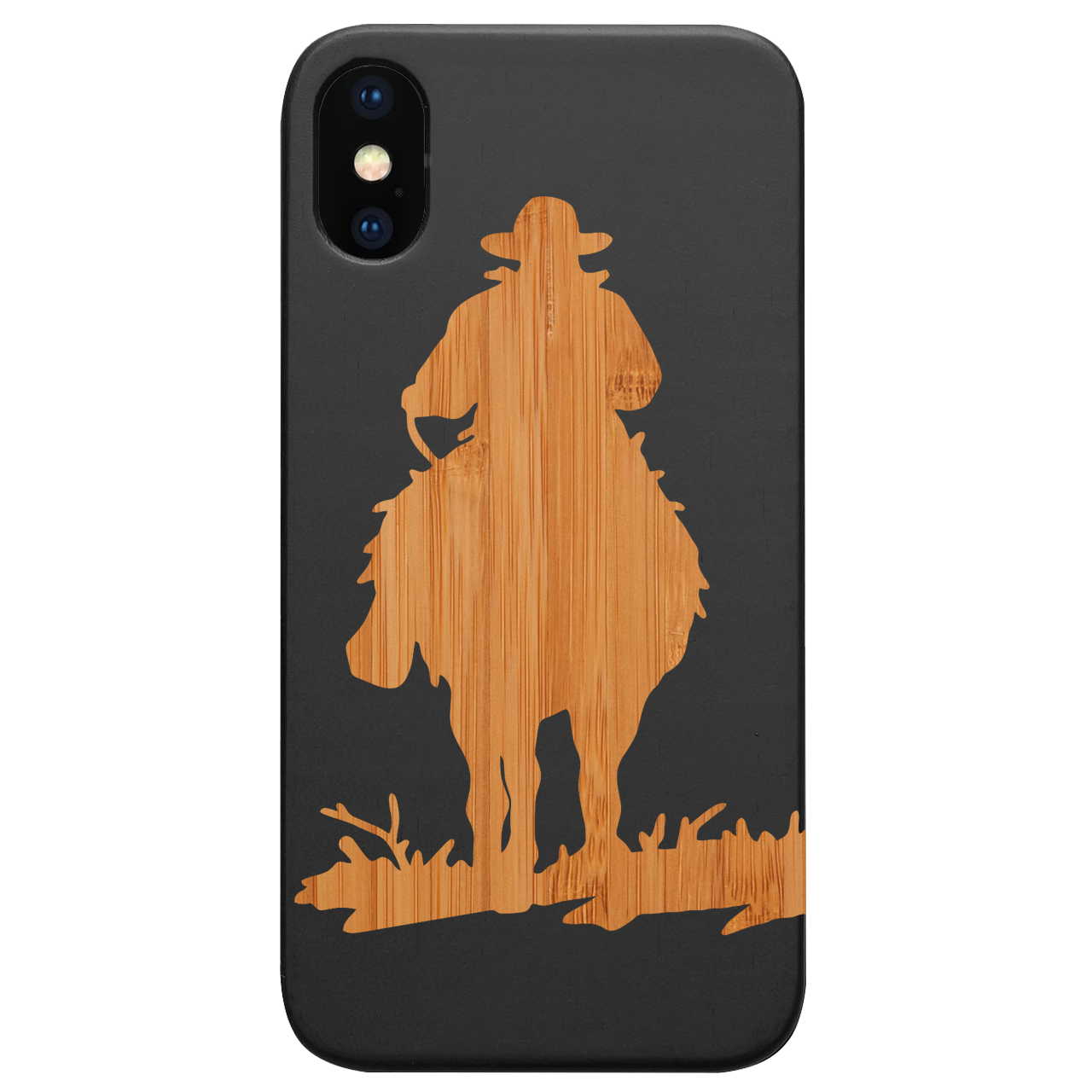 Cowboy 1 - Engraved wooden phone case showcasing intricate laser engravings and natural wood finish.