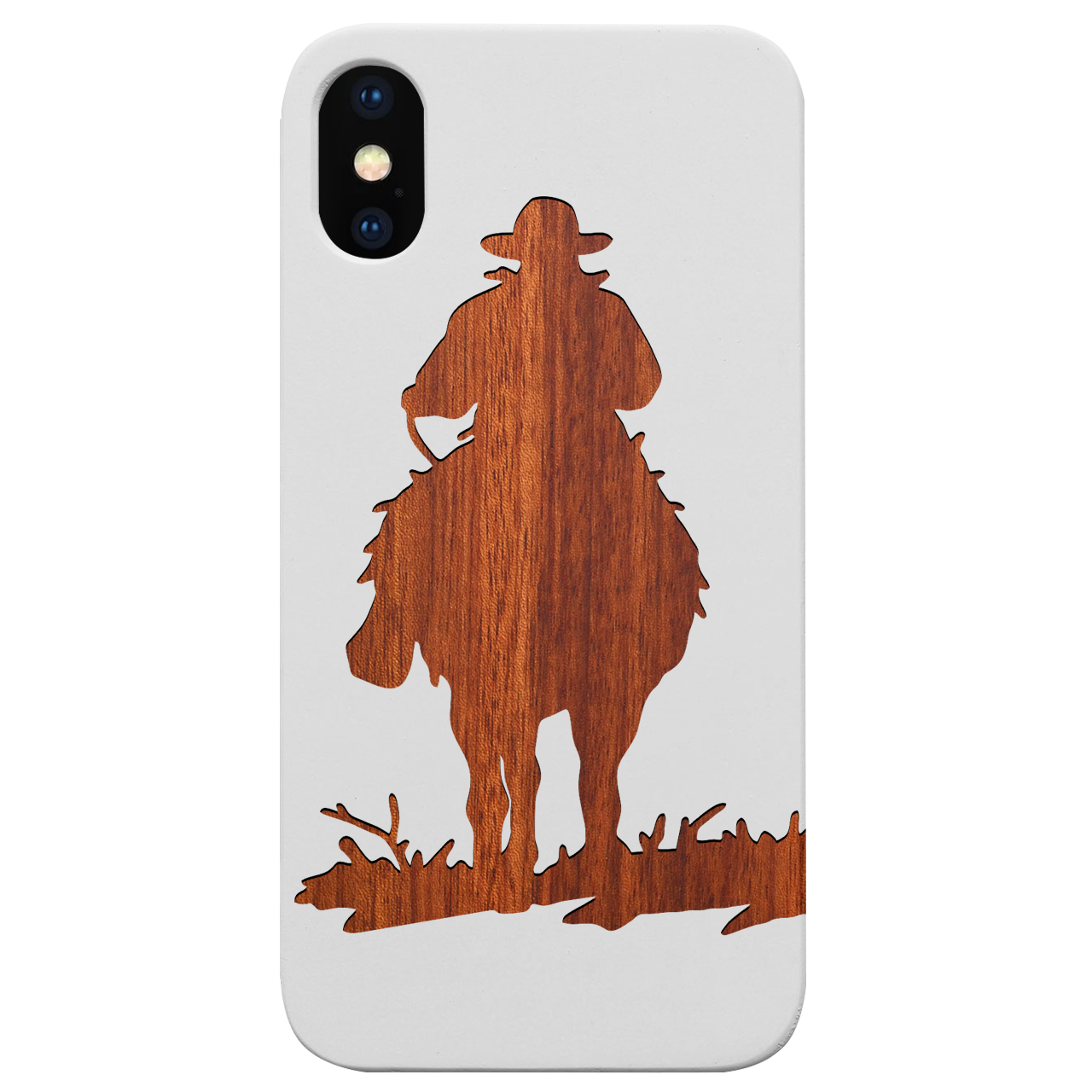 Cowboy 1 - Engraved wooden phone case showcasing intricate laser engravings and natural wood finish.