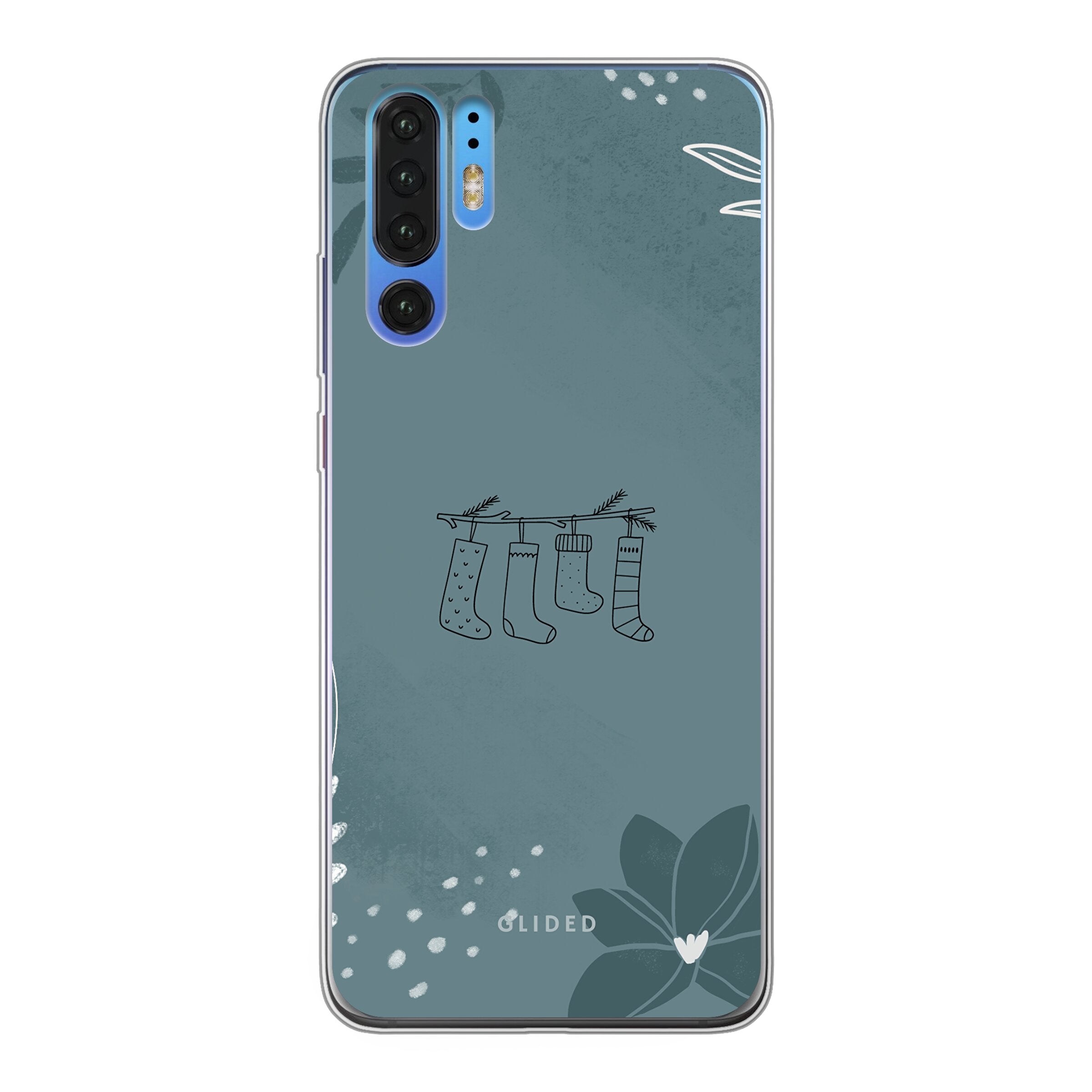 Cozy Huawei P30 Pro Handyhülle mit niedlichen Weihnachtssocken auf festlichem Hintergrund, idealer Schutz und stilvolles Design.