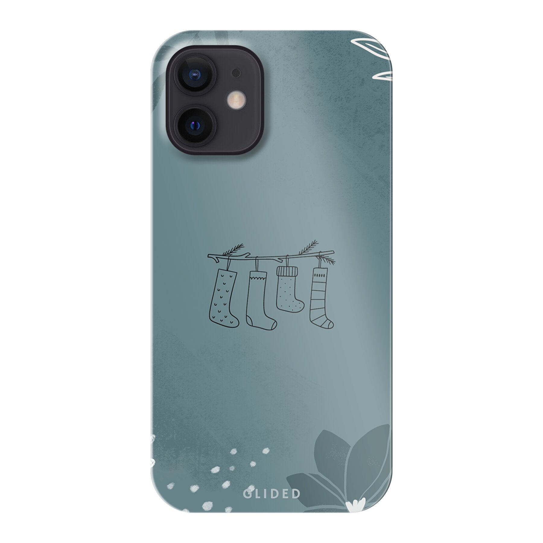 Cozy iPhone 12 mini Handyhülle mit niedlichen Weihnachtssocken auf einem stilvollen Hintergrund, ideal für die Weihnachtszeit.