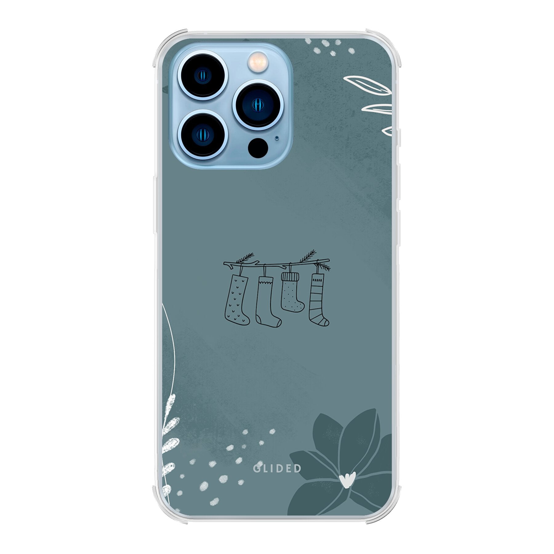 Cozy iPhone 13 Pro Max Handyhülle mit festlichem Weihnachtsdesign und niedlichen Socken auf einem stimmungsvollen Hintergrund.