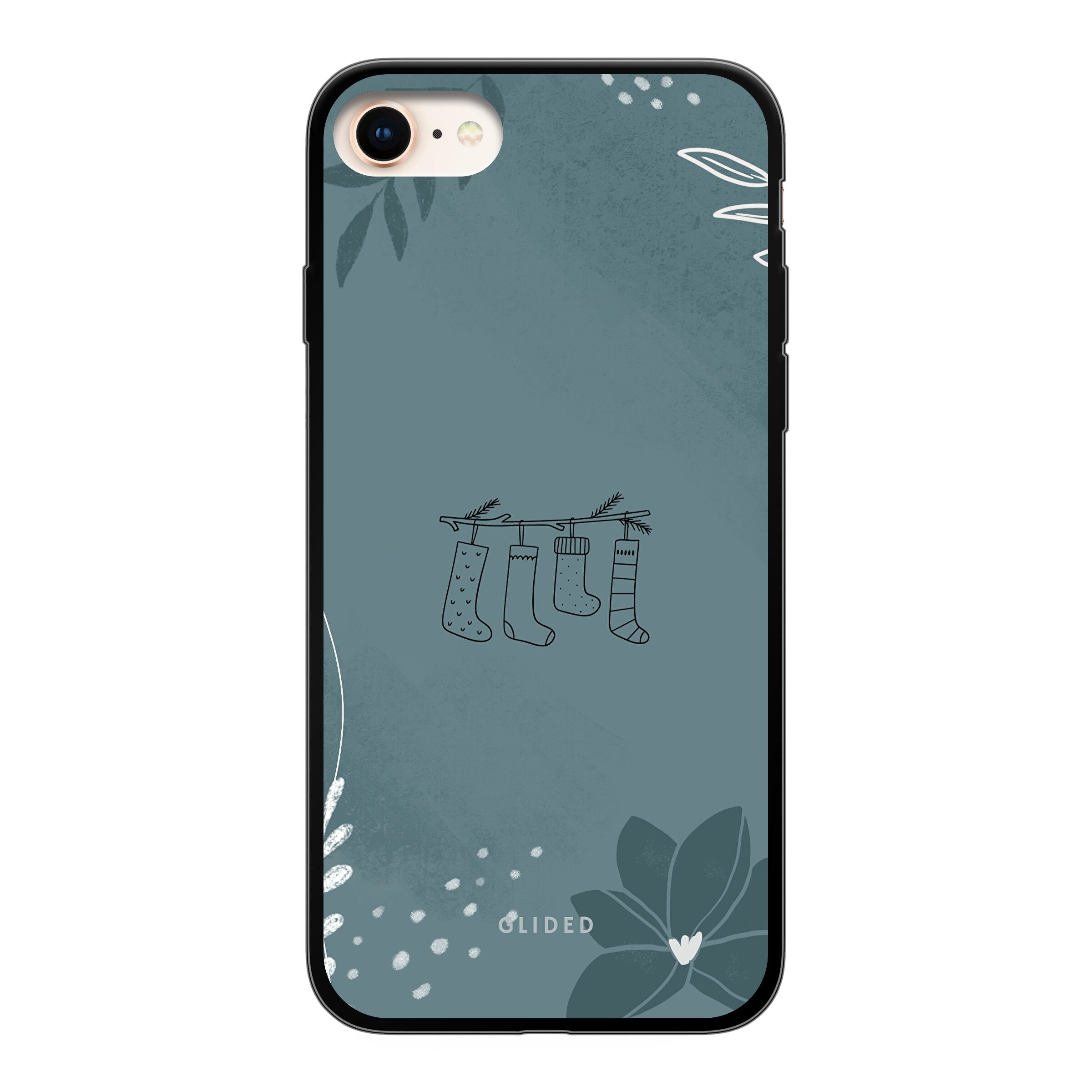 Cozy iPhone 8 Handyhülle mit niedlichen Weihnachtssocken auf festlichem Hintergrund, ideal für den Schutz und das Design deines Smartphones.