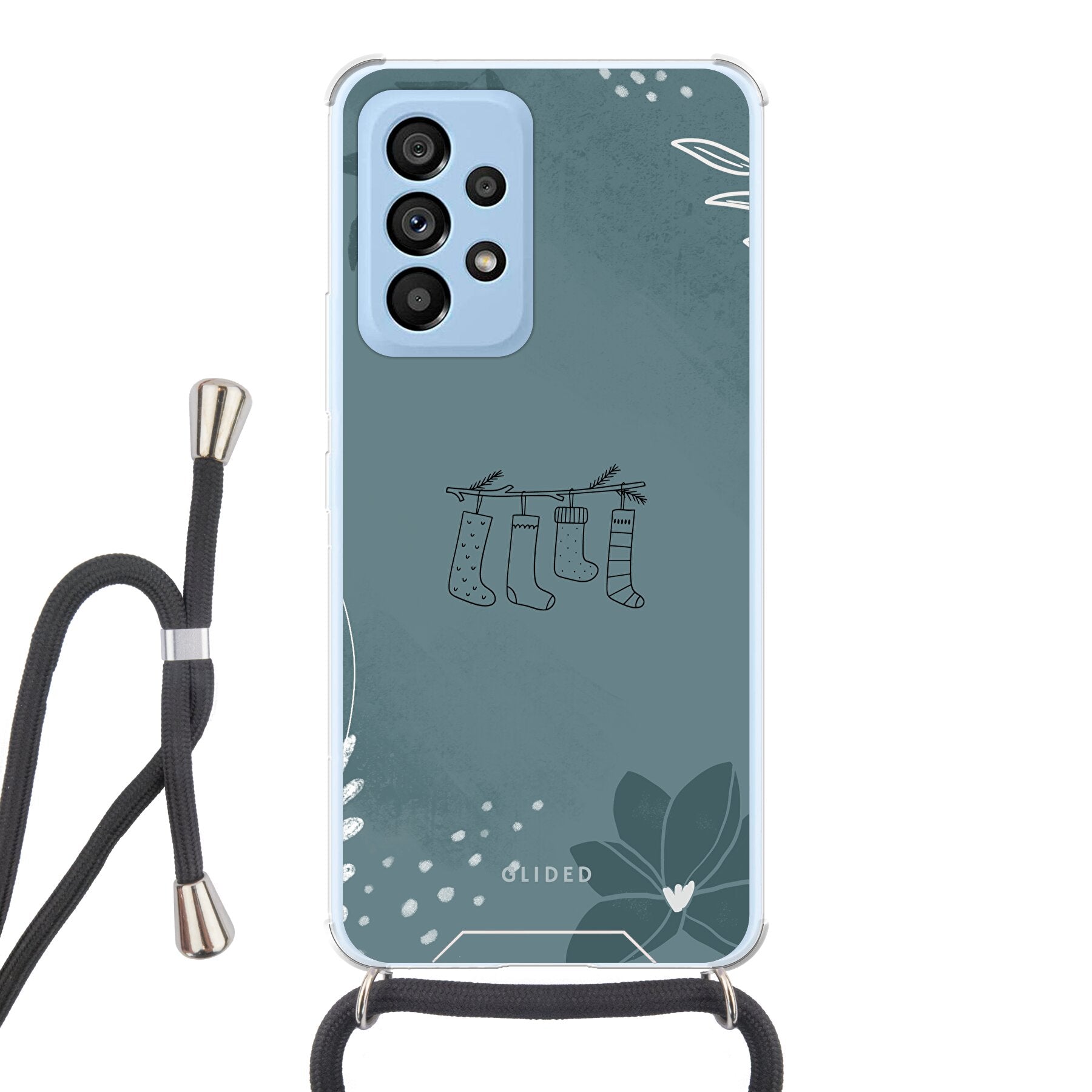 Cozy Handyhülle für Samsung Galaxy A53 5G mit niedlichen Weihnachtssocken auf festlichem Hintergrund, bietet stilvollen Schutz.