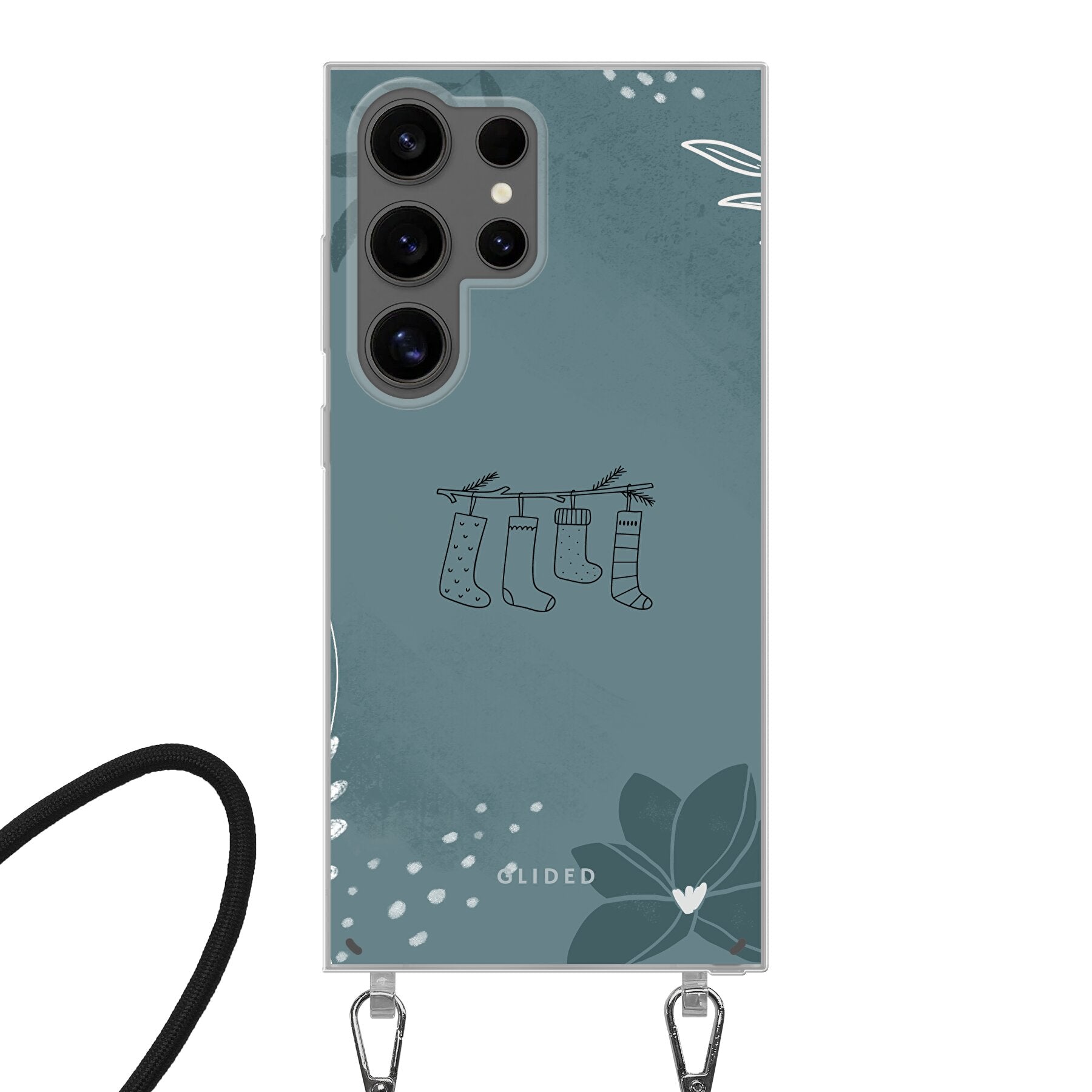 Cozy Handyhülle für Samsung Galaxy S24 Ultra mit niedlichen Weihnachtssocken auf festlichem Hintergrund, ideal für den Schutz und Stil.