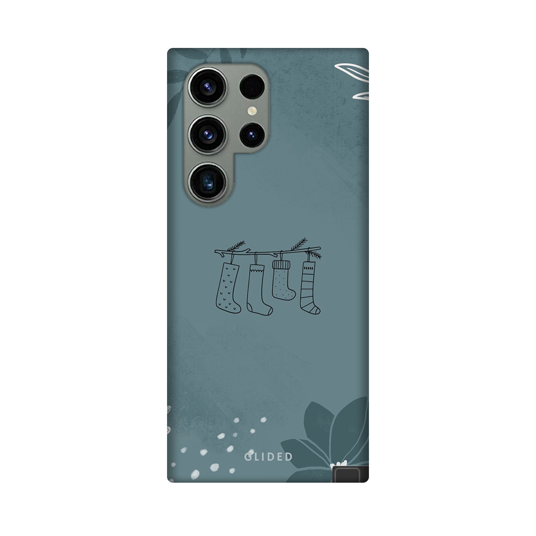 Cozy Handyhülle für Samsung Galaxy S24 Ultra mit niedlichen Weihnachtssocken auf festlichem Hintergrund, ideal für den Schutz und Stil.