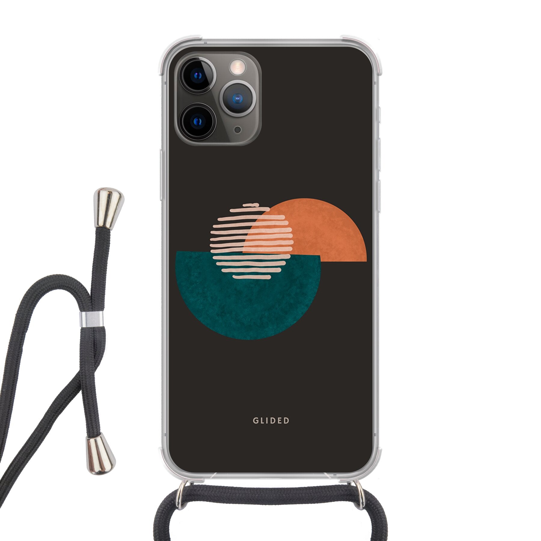 Crest iPhone 11 Pro Handyhülle mit abstraktem Kreismuster auf dunklem Hintergrund, bietet stilvollen Schutz.