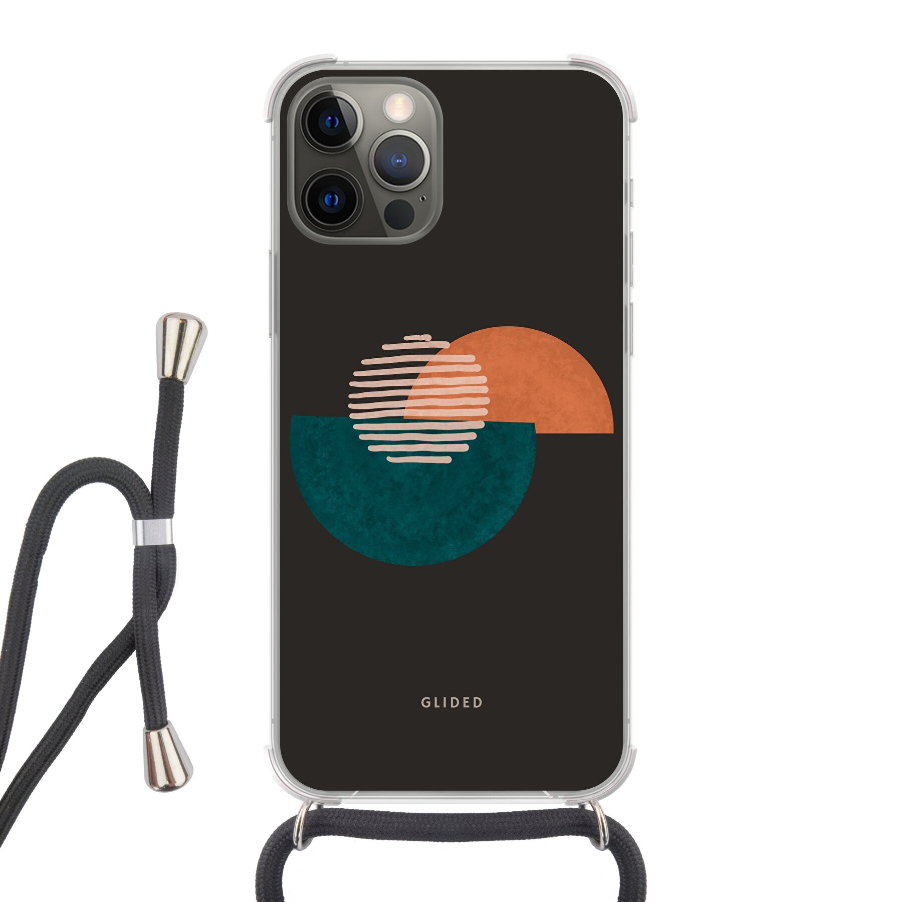 Crest iPhone 12 Handyhülle mit abstraktem Kreismuster auf dunklem Hintergrund, bietet stilvollen Schutz.