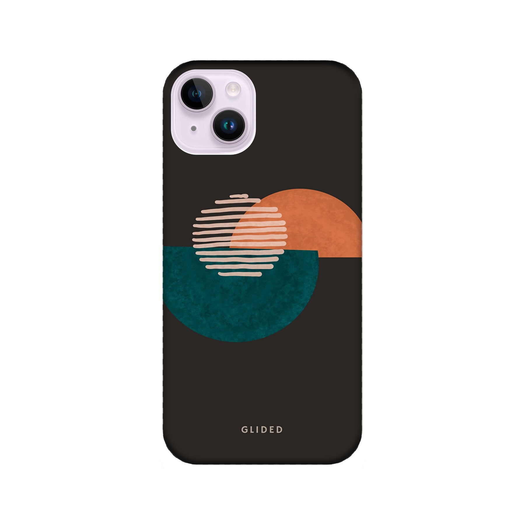 Crest iPhone 14 Plus Handyhülle mit abstraktem Kreismuster auf dunklem Hintergrund, bietet stilvollen Schutz.