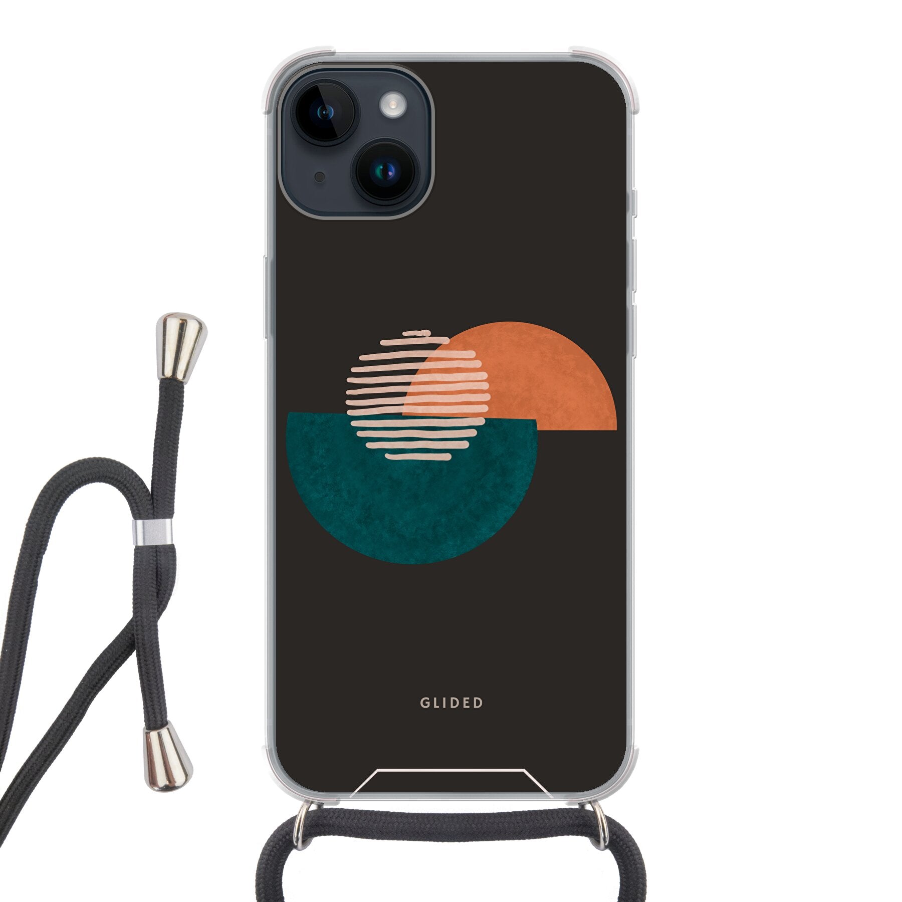 Crest iPhone 14 Pro Handyhülle mit abstraktem Kreismuster auf dunklem Hintergrund, bietet stilvollen Schutz.