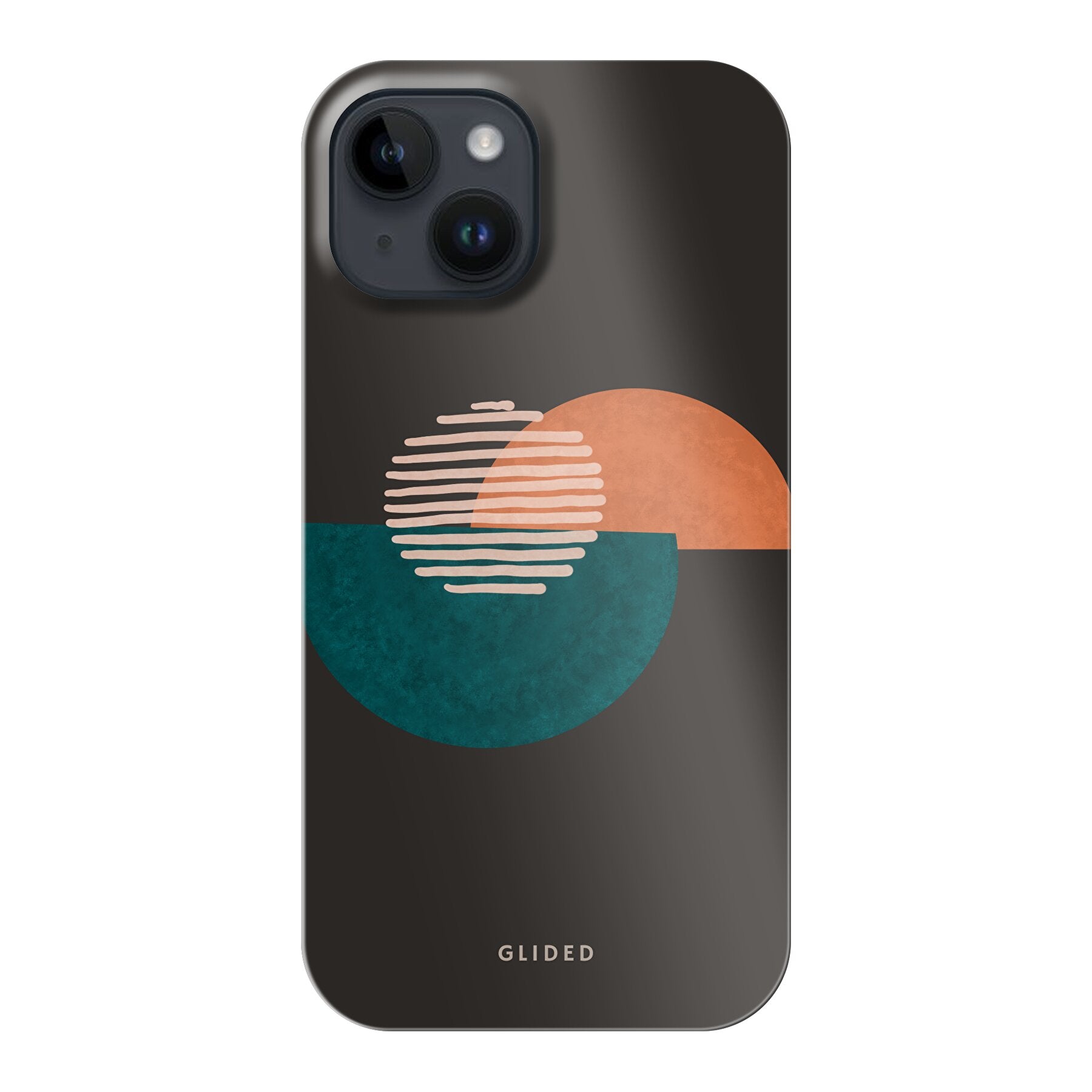 Crest iPhone 15 Handyhülle mit abstraktem Kreismuster auf dunklem Hintergrund, bietet modernen Schutz und Stil.