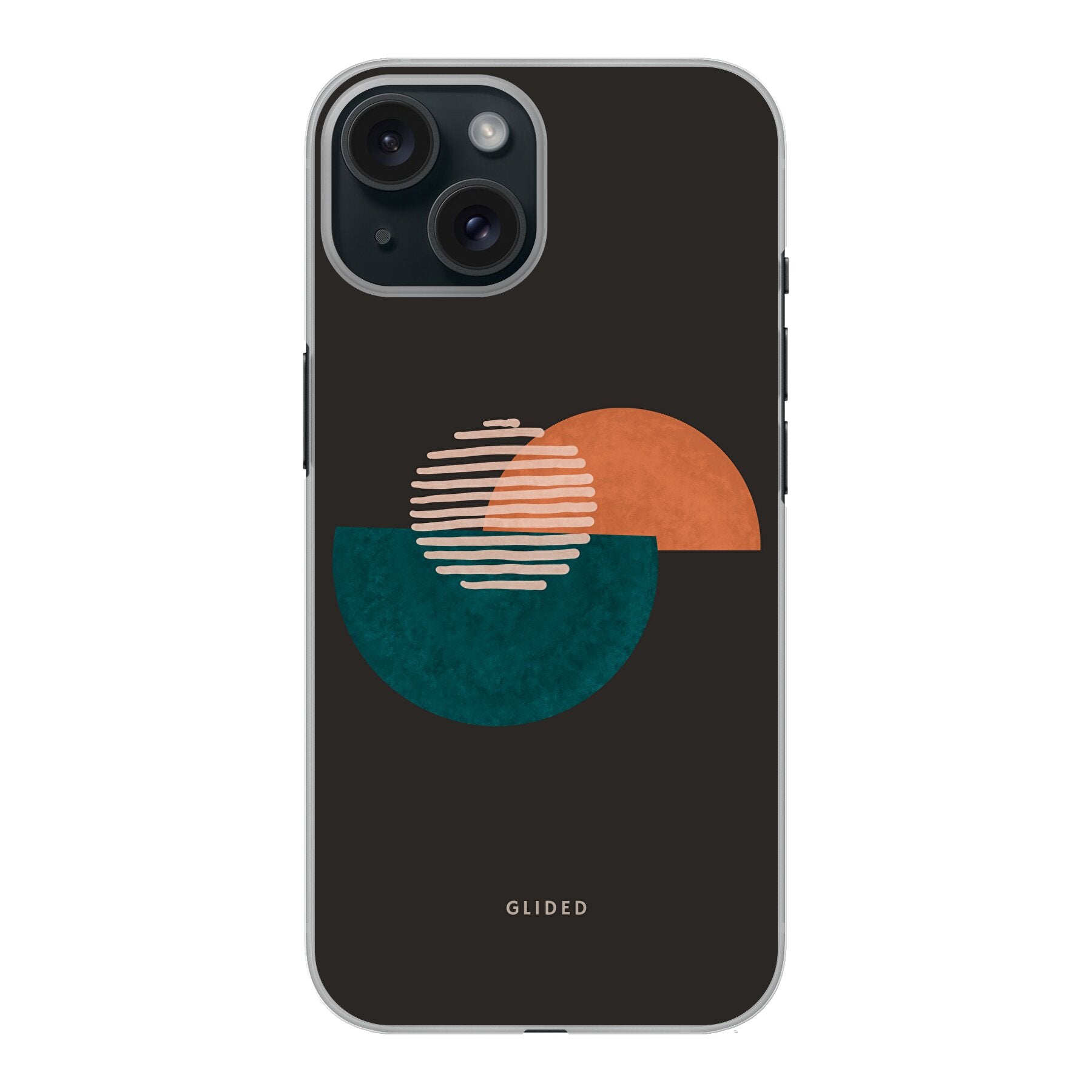 Crest iPhone 15 Handyhülle mit abstraktem Kreismuster auf dunklem Hintergrund, bietet modernen Schutz und Stil.