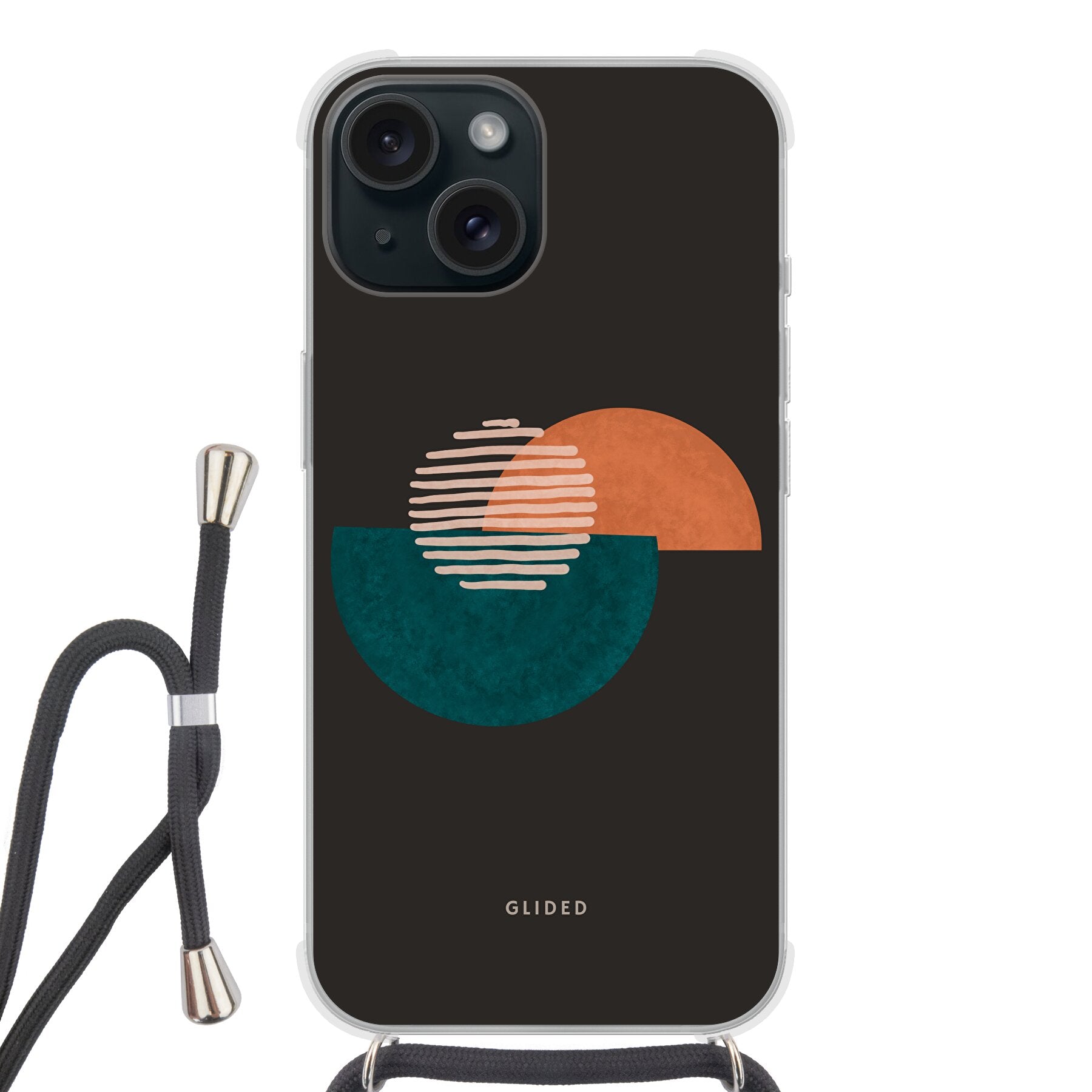 Crest iPhone 15 Handyhülle mit abstraktem Kreismuster auf dunklem Hintergrund, bietet modernen Schutz und Stil.