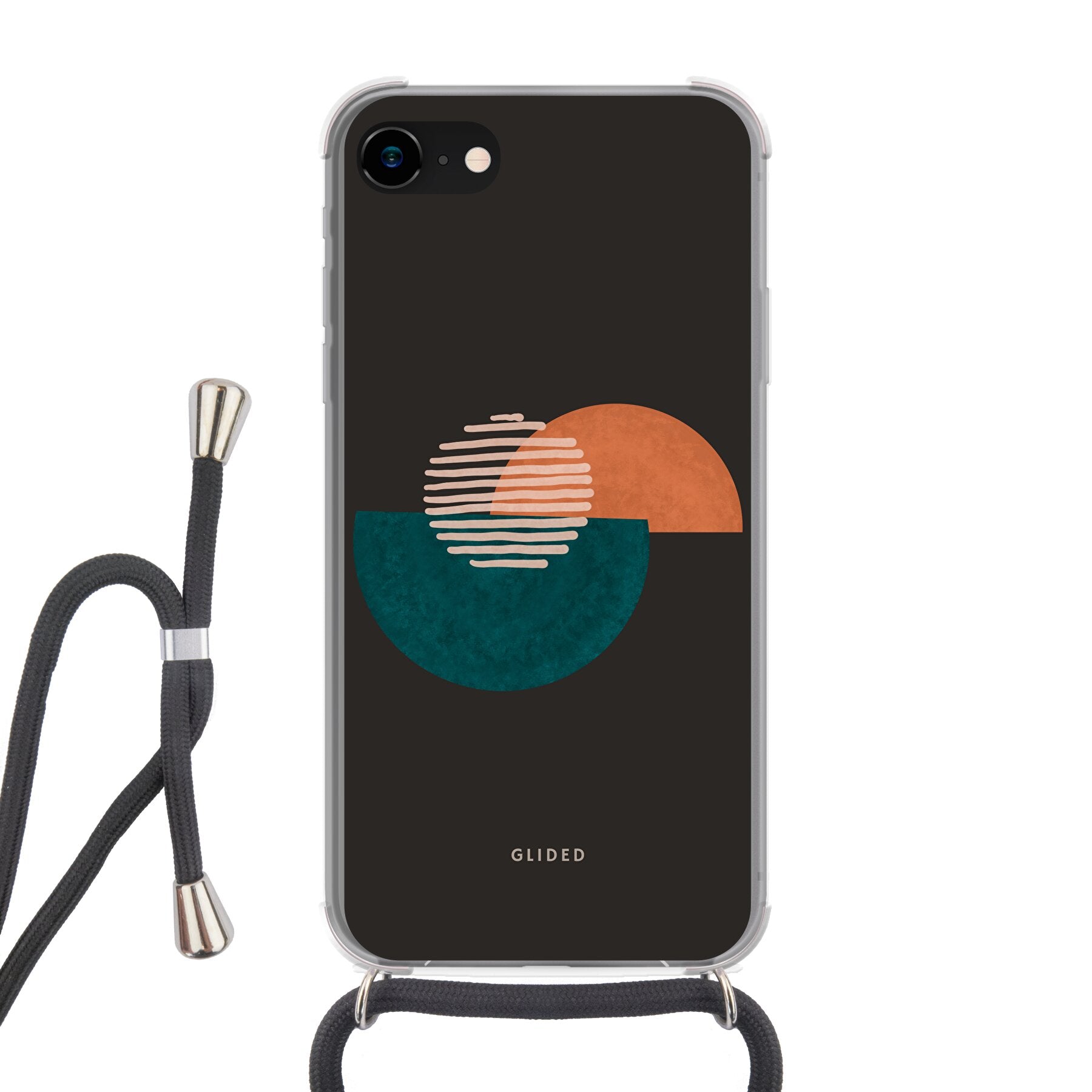 Crest iPhone SE 2020 Handyhülle mit abstraktem Kreismuster auf dunklem Hintergrund, bietet stilvollen Schutz und modernes Design.