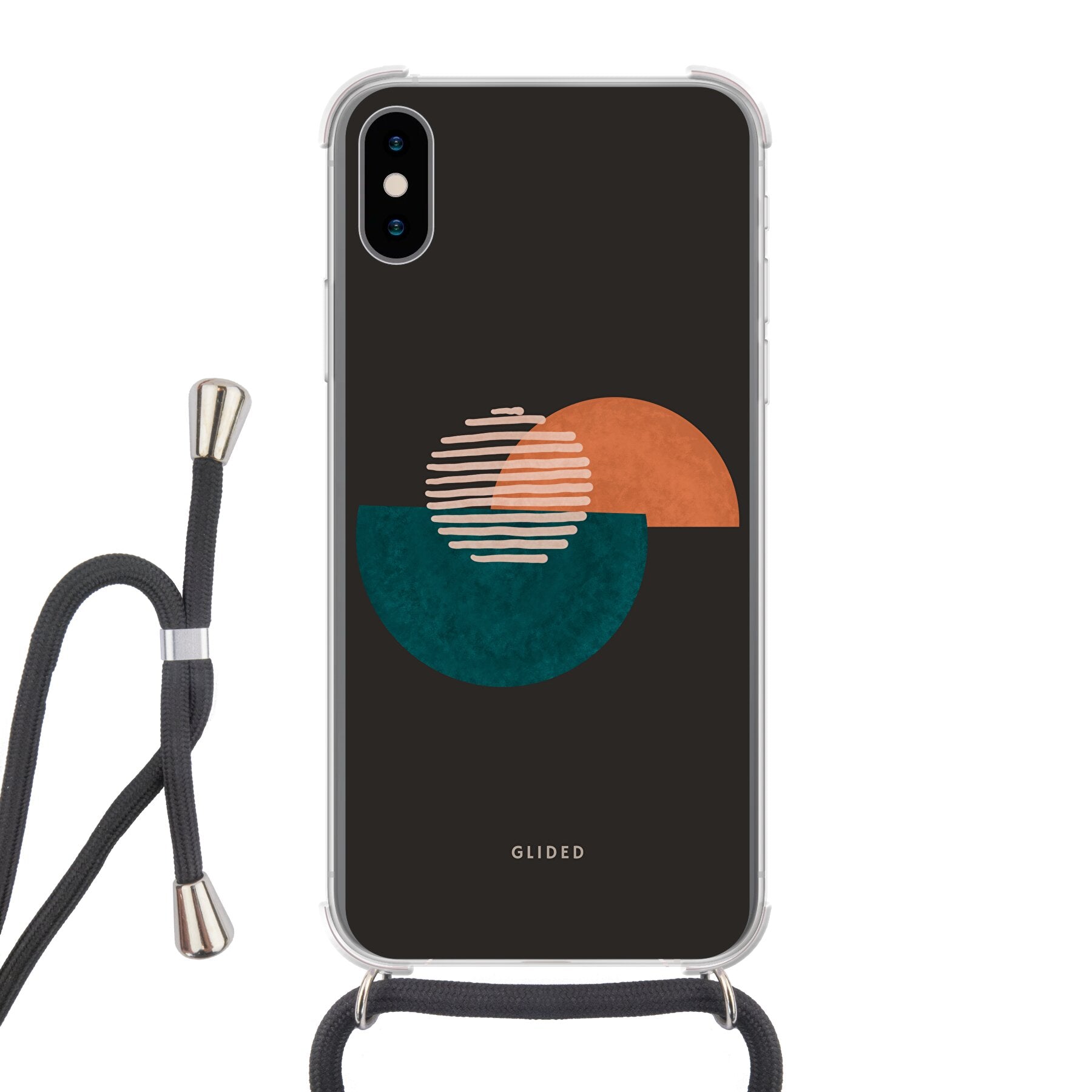 Crest iPhone X/Xs Handyhülle mit abstraktem Kreismuster auf dunklem Hintergrund, bietet stilvollen Schutz.