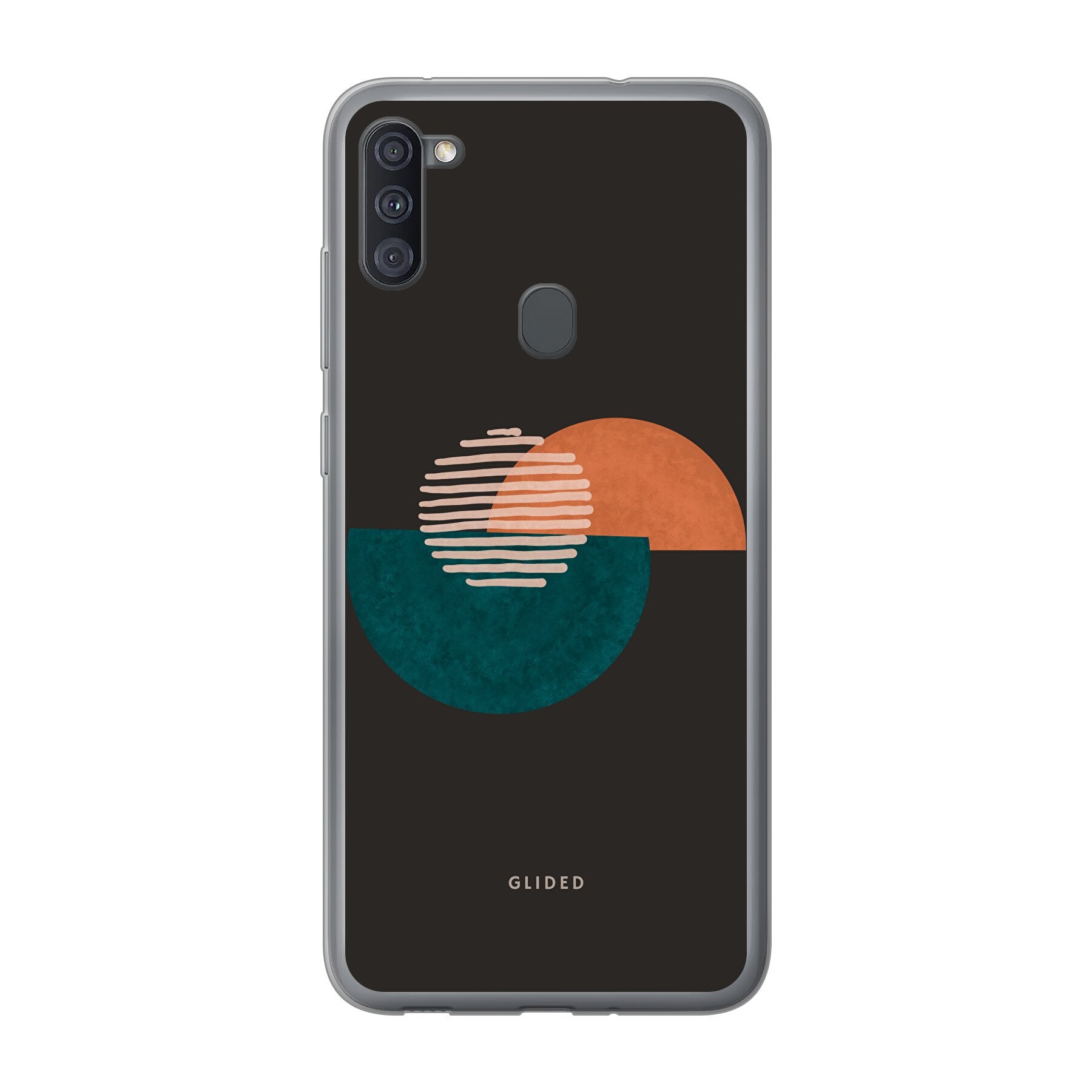 Crest Handyhülle für Samsung Galaxy A11 mit abstraktem Kreismuster auf dunklem Hintergrund, bietet stilvollen Schutz und modernen Look.