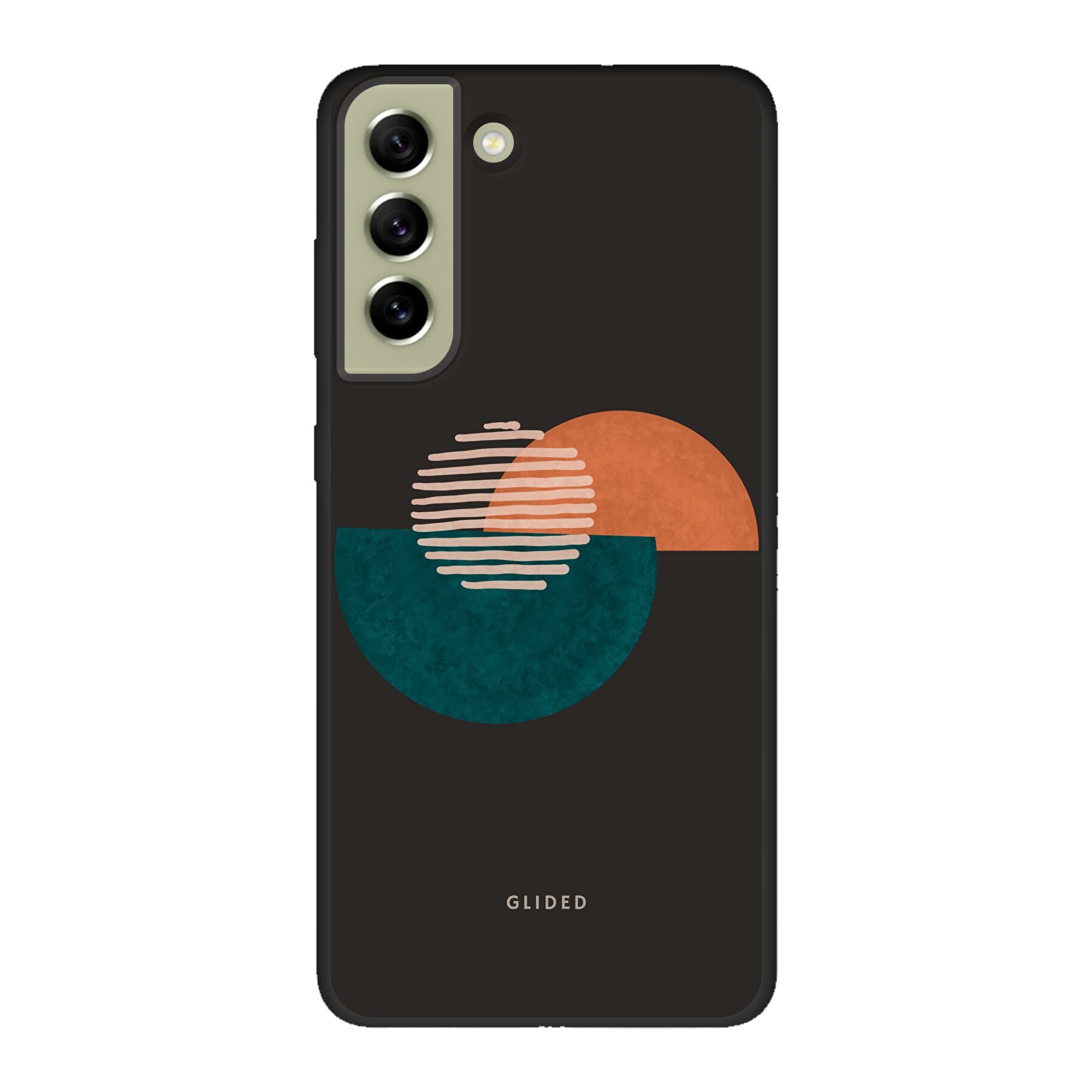 Crest Handyhülle für Samsung Galaxy S21 FE mit abstraktem Kreismuster auf dunklem Hintergrund, bietet stilvollen Schutz.