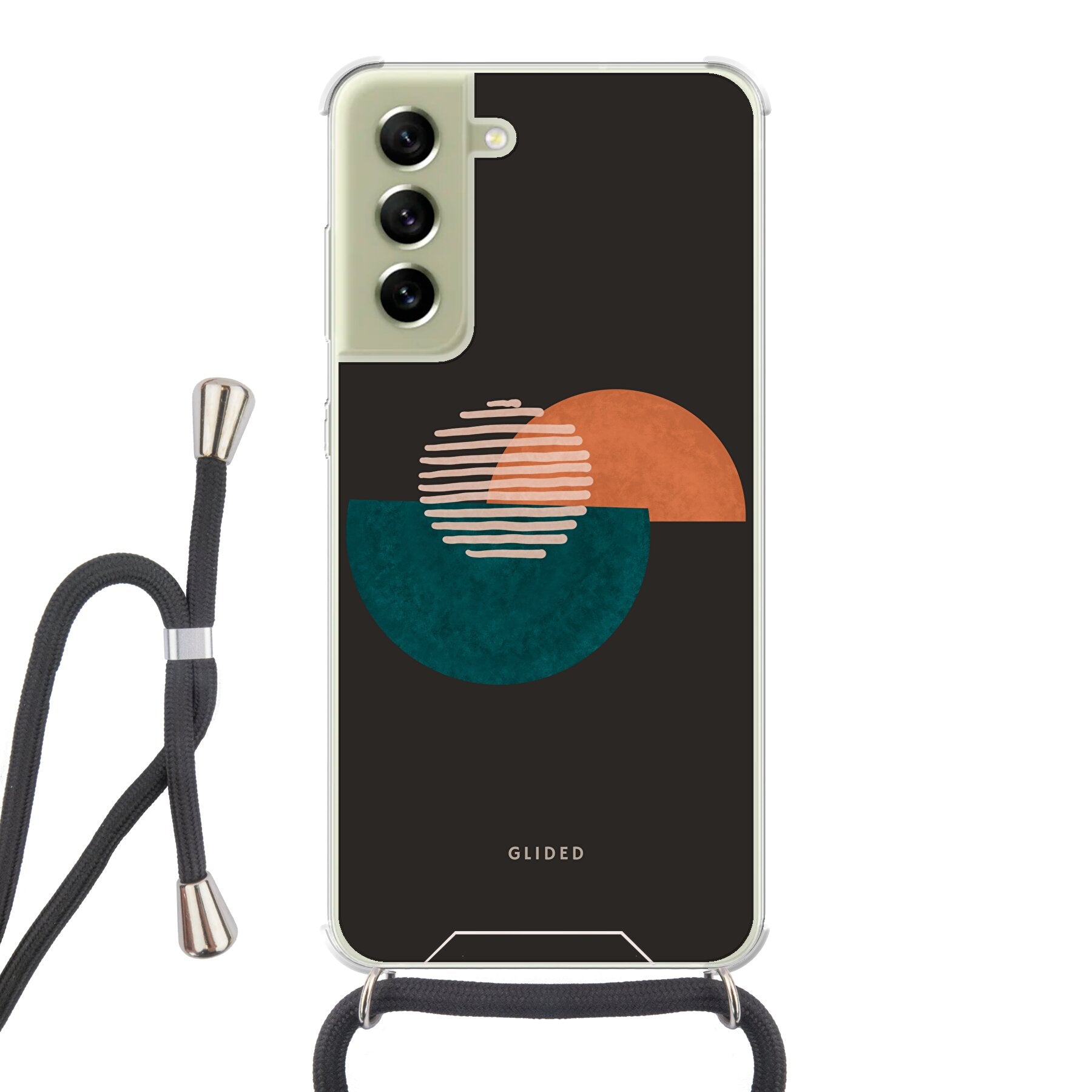 Crest Handyhülle für Samsung Galaxy S21 FE mit abstraktem Kreismuster auf dunklem Hintergrund, bietet stilvollen Schutz.