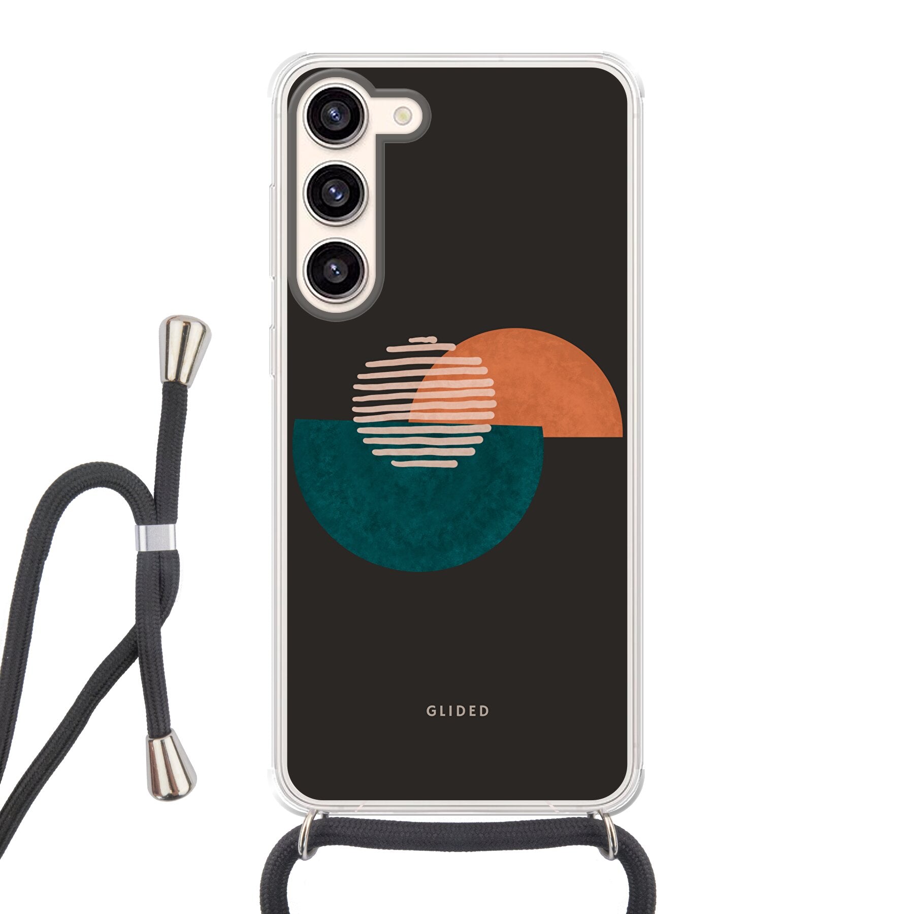 Crest Handyhülle für Samsung Galaxy S23 Plus mit abstraktem Kreismuster auf dunklem Hintergrund, bietet stilvollen Schutz und modernen Look.