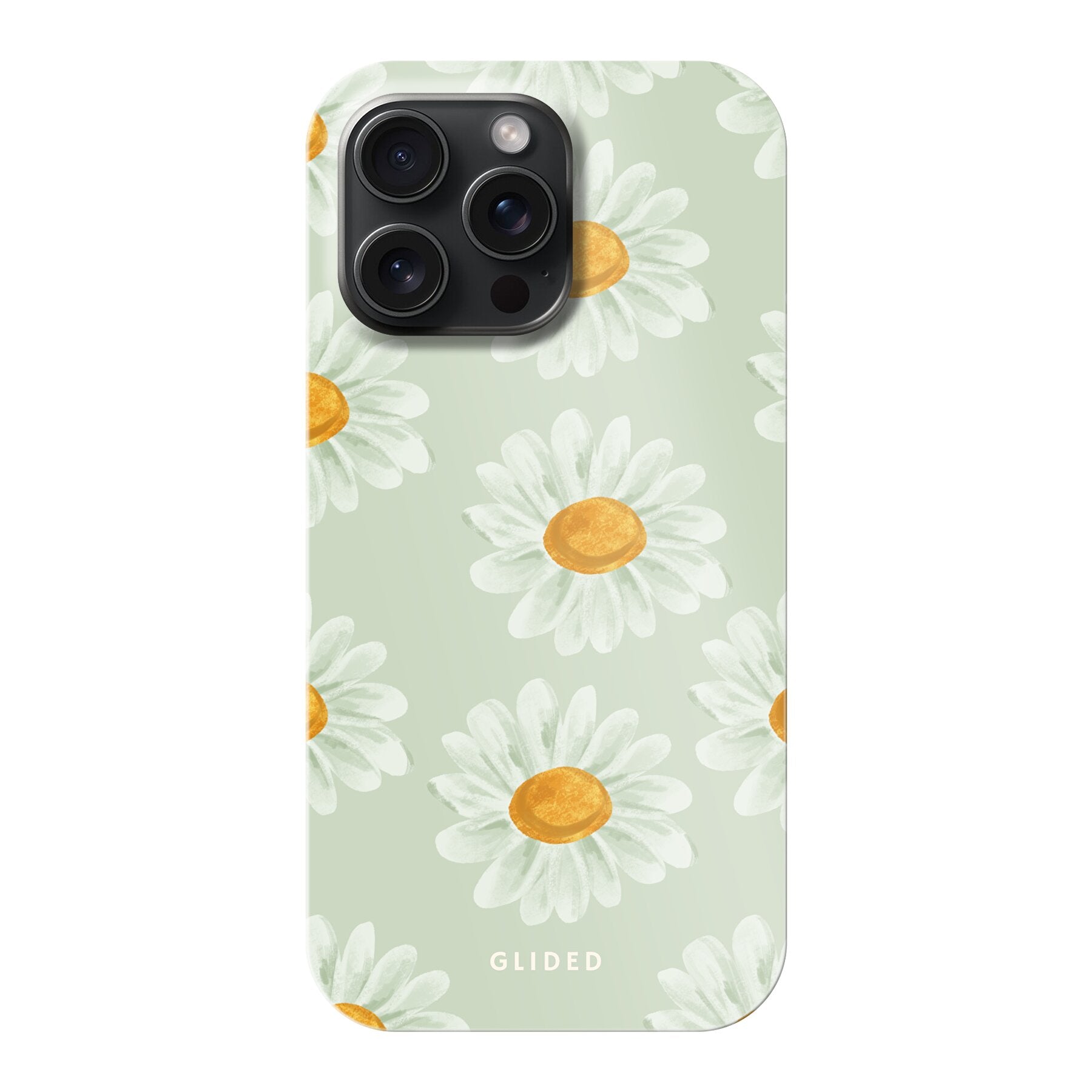 Daisy Handyhülle für iPhone 15 Pro Max mit zarten Gänseblümchen, die Frische und Naturverbundenheit ausstrahlen.