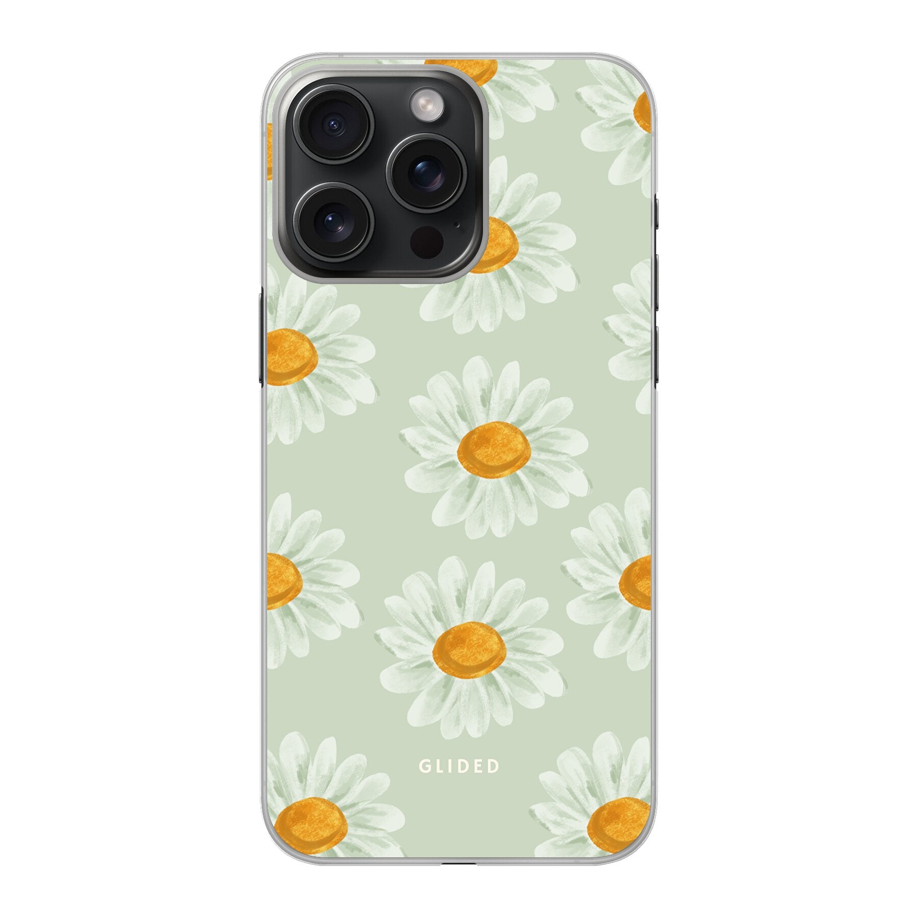 Daisy Handyhülle für iPhone 15 Pro Max mit zarten Gänseblümchen, die Frische und Naturverbundenheit ausstrahlen.