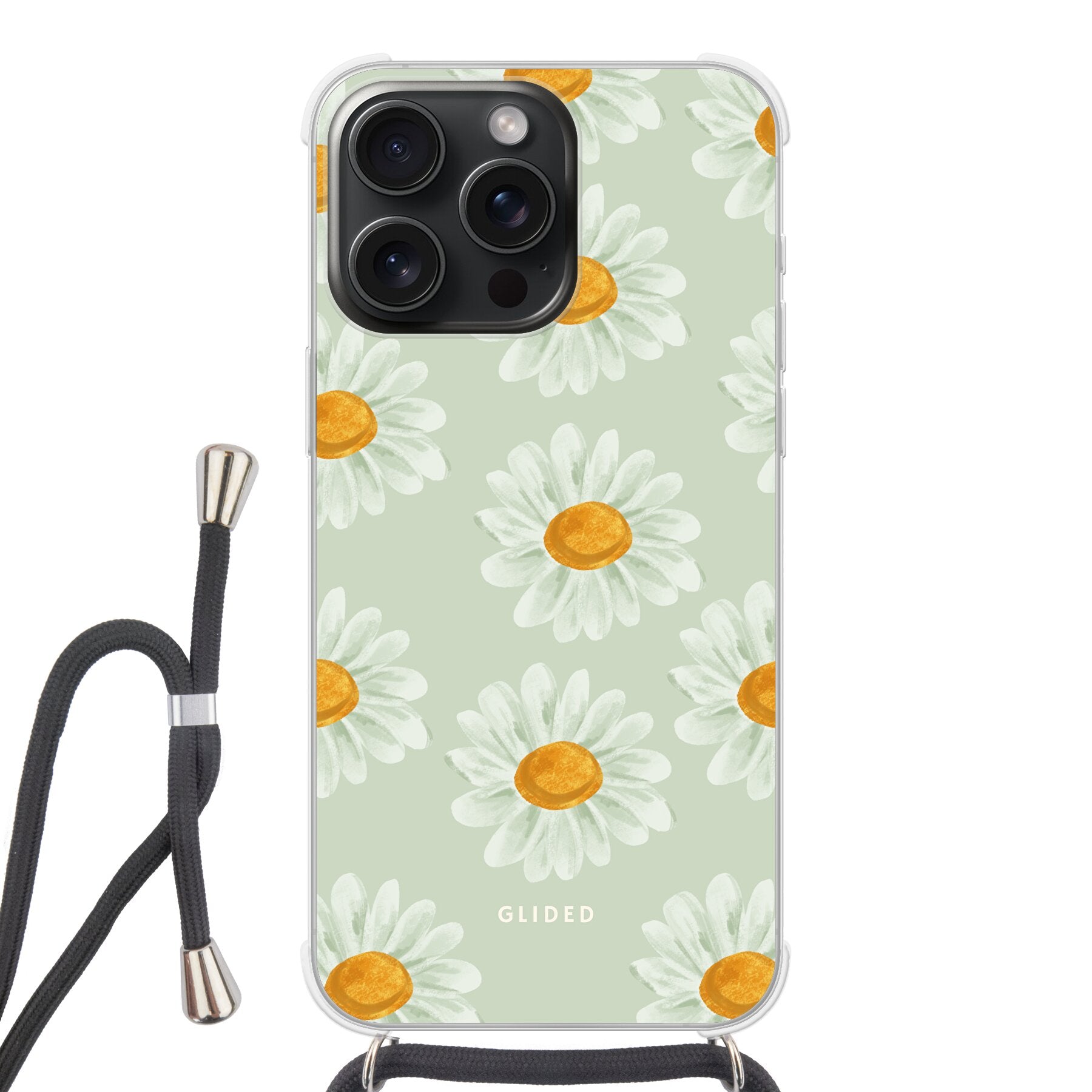 Daisy Handyhülle für iPhone 15 Pro Max mit zarten Gänseblümchen, die Frische und Naturverbundenheit ausstrahlen.