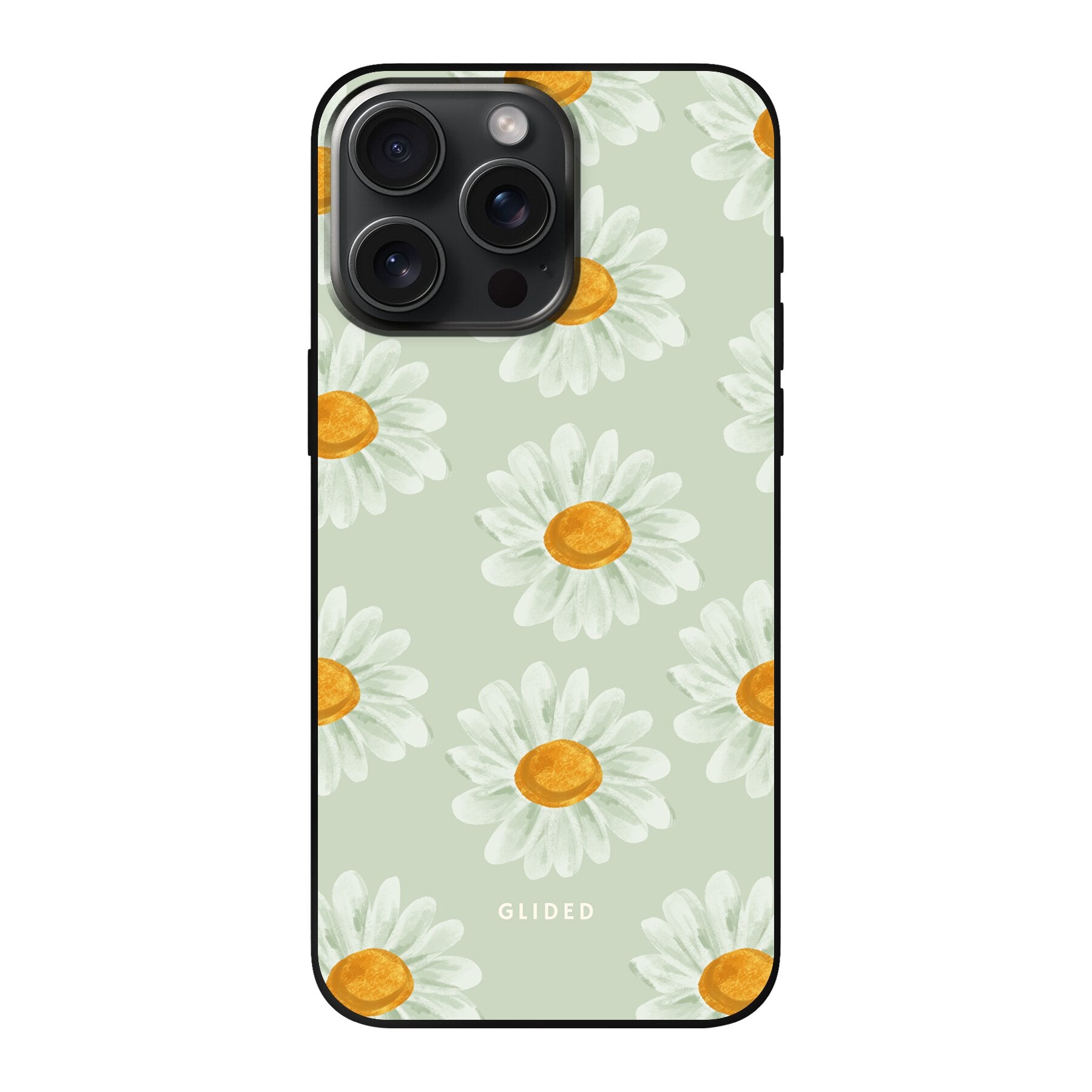 Daisy Handyhülle für iPhone 15 Pro Max mit zarten Gänseblümchen, die Frische und Naturverbundenheit ausstrahlen.