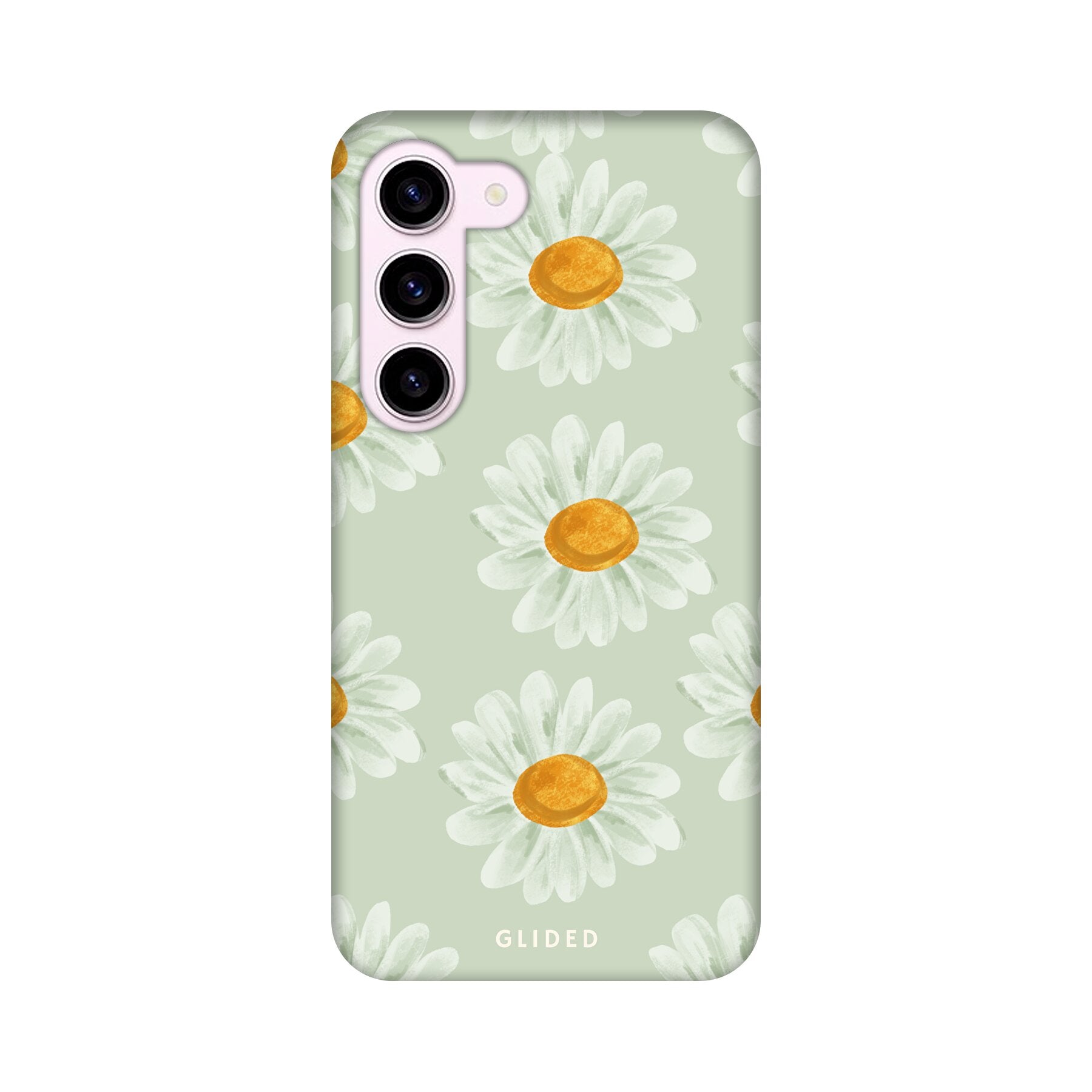 Daisy Handyhülle für Samsung Galaxy S23 mit lebendigen Gänseblümchen auf einem weißen Hintergrund, idealer Schutz und stilvolles Design.