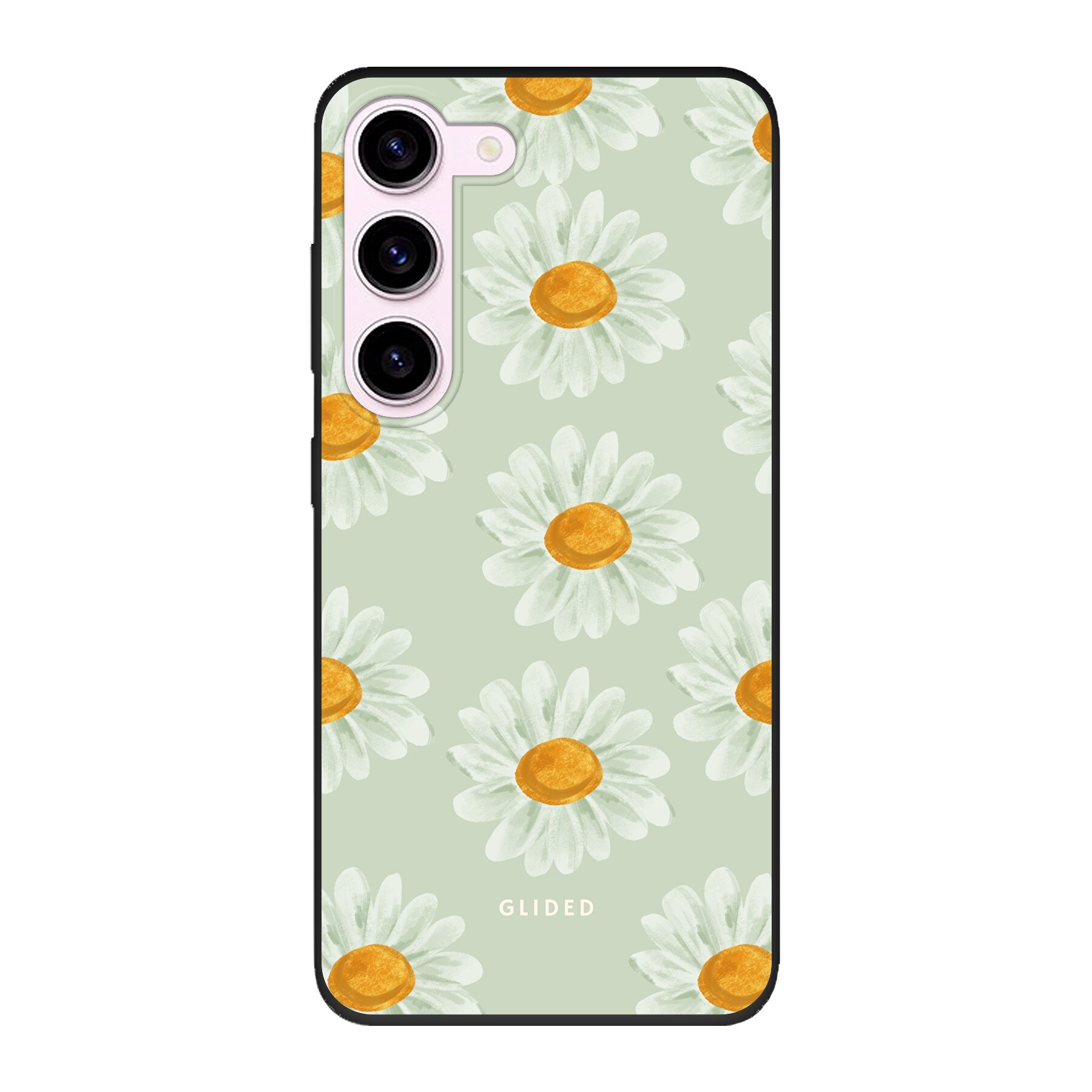 Daisy Handyhülle für Samsung Galaxy S23 mit lebendigen Gänseblümchen auf einem weißen Hintergrund, idealer Schutz und stilvolles Design.