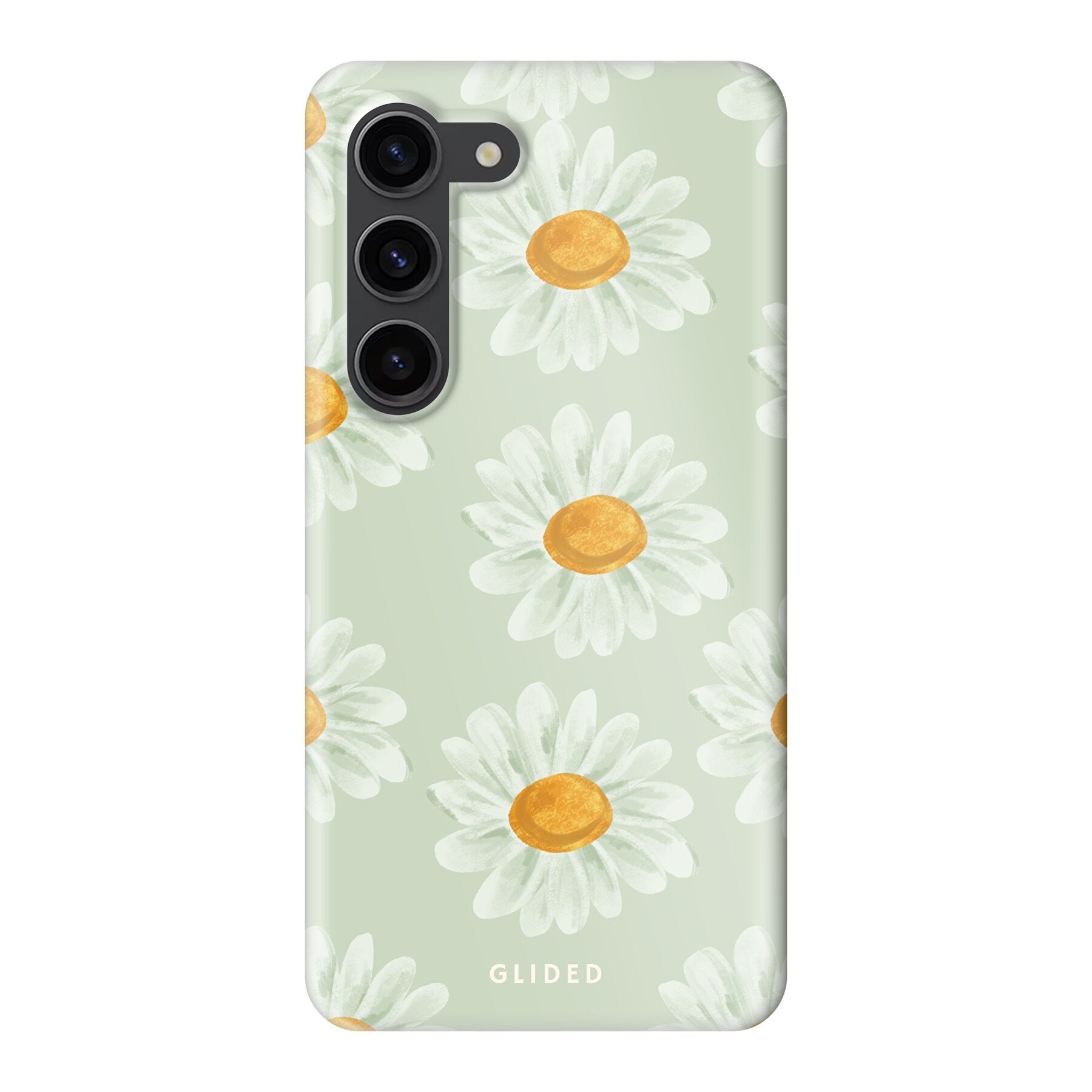 Daisy Handyhülle für Samsung Galaxy S23 mit lebendigen Gänseblümchen auf einem weißen Hintergrund, idealer Schutz und stilvolles Design.